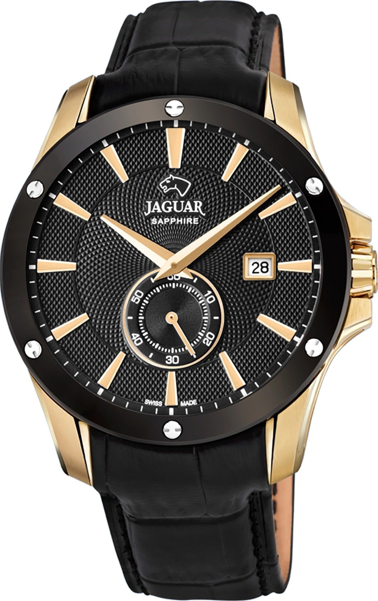 JAGUAR Quarzuhr Jaguar Herren Armbanduhr ACM, (Armbanduhr), Herrenuhr rund,  groß (ca. 44mm), Edelstahl, Lederarmband, Sport-Style