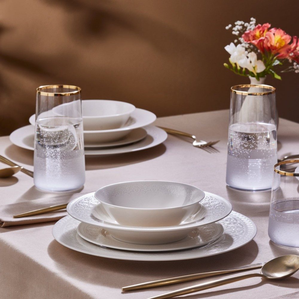 Karaca Geschirr-Set Karaca New Dome 24-tlg Bone China Geschirrset für 6 Personen, Weiß