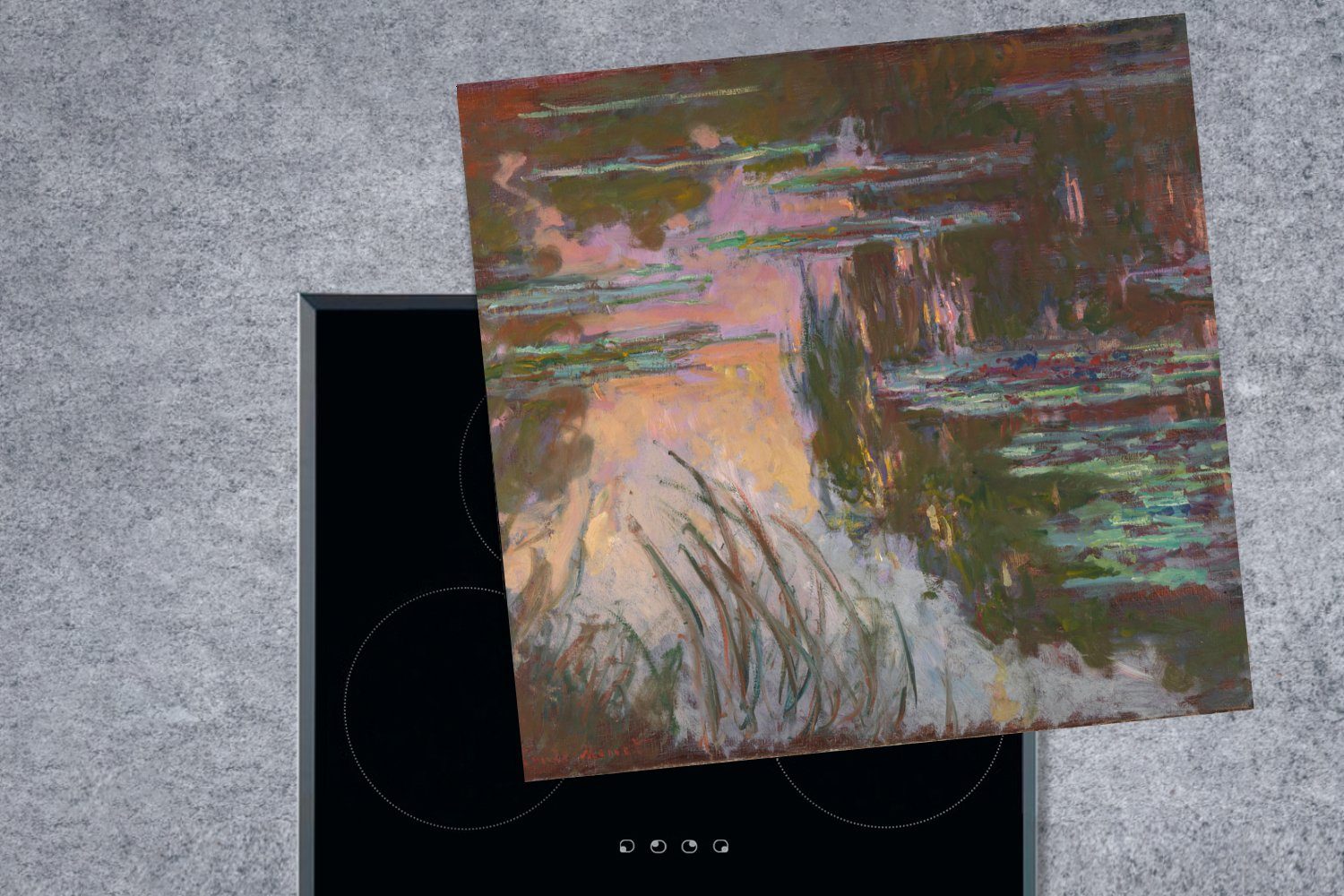 Claude Monet, Arbeitsplatte Ceranfeldabdeckung, (1 Vinyl, untergehende von Gemälde Sonne Seerosen, cm, 78x78 - MuchoWow tlg), für küche Herdblende-/Abdeckplatte