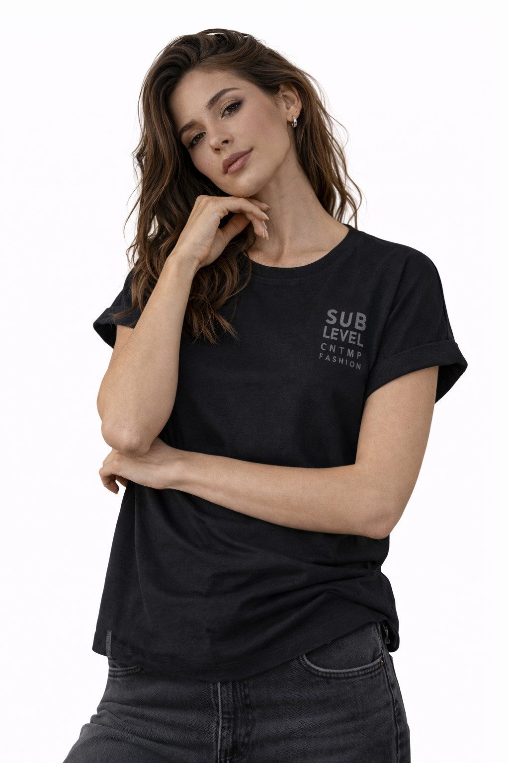 SUBLEVEL T-Shirt Damen Shirt Turn-Up Ärmel Weiches Basic Shirt Rundhals Kurzarm Baunwolle Modal Mix, super soft, unifarben, markenlogo