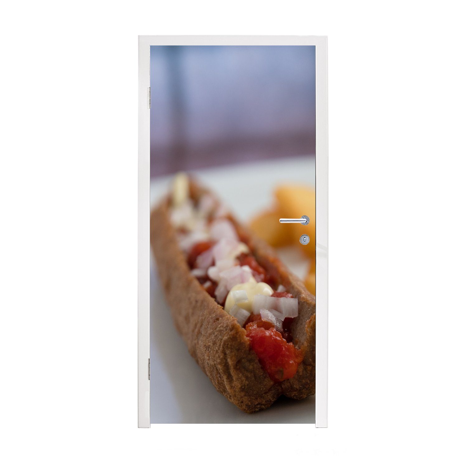 MuchoWow Türtapete Leckeres Frikandel-Spezial mit Pommes frites, Matt, bedruckt, (1 St), Fototapete für Tür, Türaufkleber, 75x205 cm