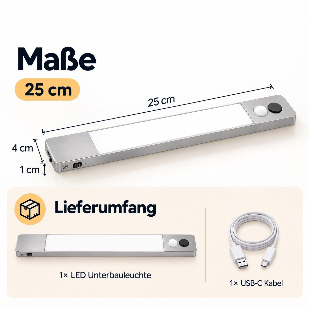 Hanseatic LED Unterbauleuchte 25 cm / Schrankbeleuchtung / Lichtleiste LUBLUGHK223, Abschaltautomatik, Bewegungsmelder, Dimmer, Dimmfunktion, Ein-/Ausschalter, Sensorschalter, Tageslichtsensor, USB-Ladefunktion, mehrere Helligkeitsstufen, LED fest integriert, Neutralweiß, Akku, 4000 K, mobile Lampe f. Schlafzimmer, Küche, magnetisch