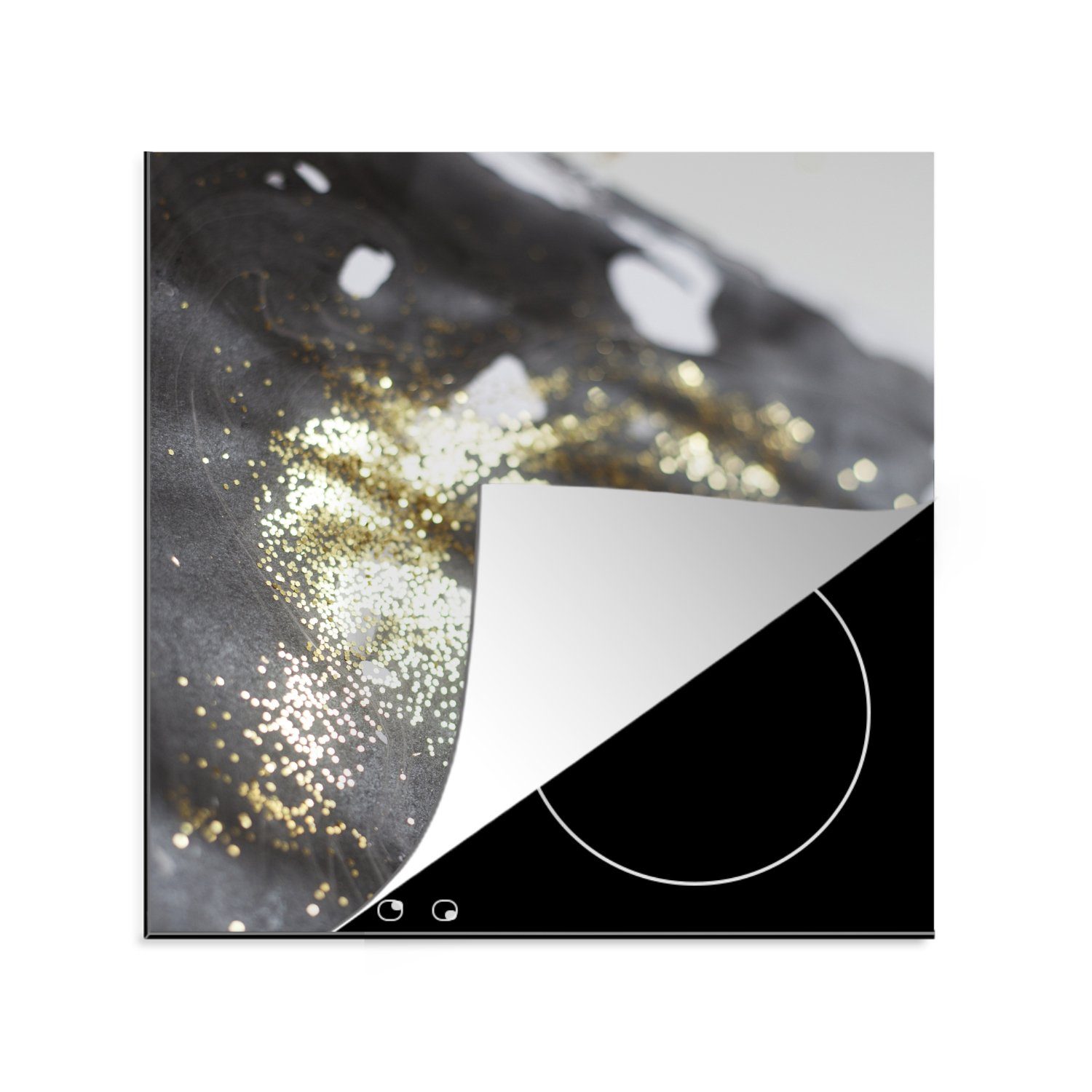 MuchoWow Herdblende-/Abdeckplatte Marmor - Schwarz - Glitter - Luxus, Vinyl, (1 tlg), 78x78 cm, Ceranfeldabdeckung, Arbeitsplatte für küche