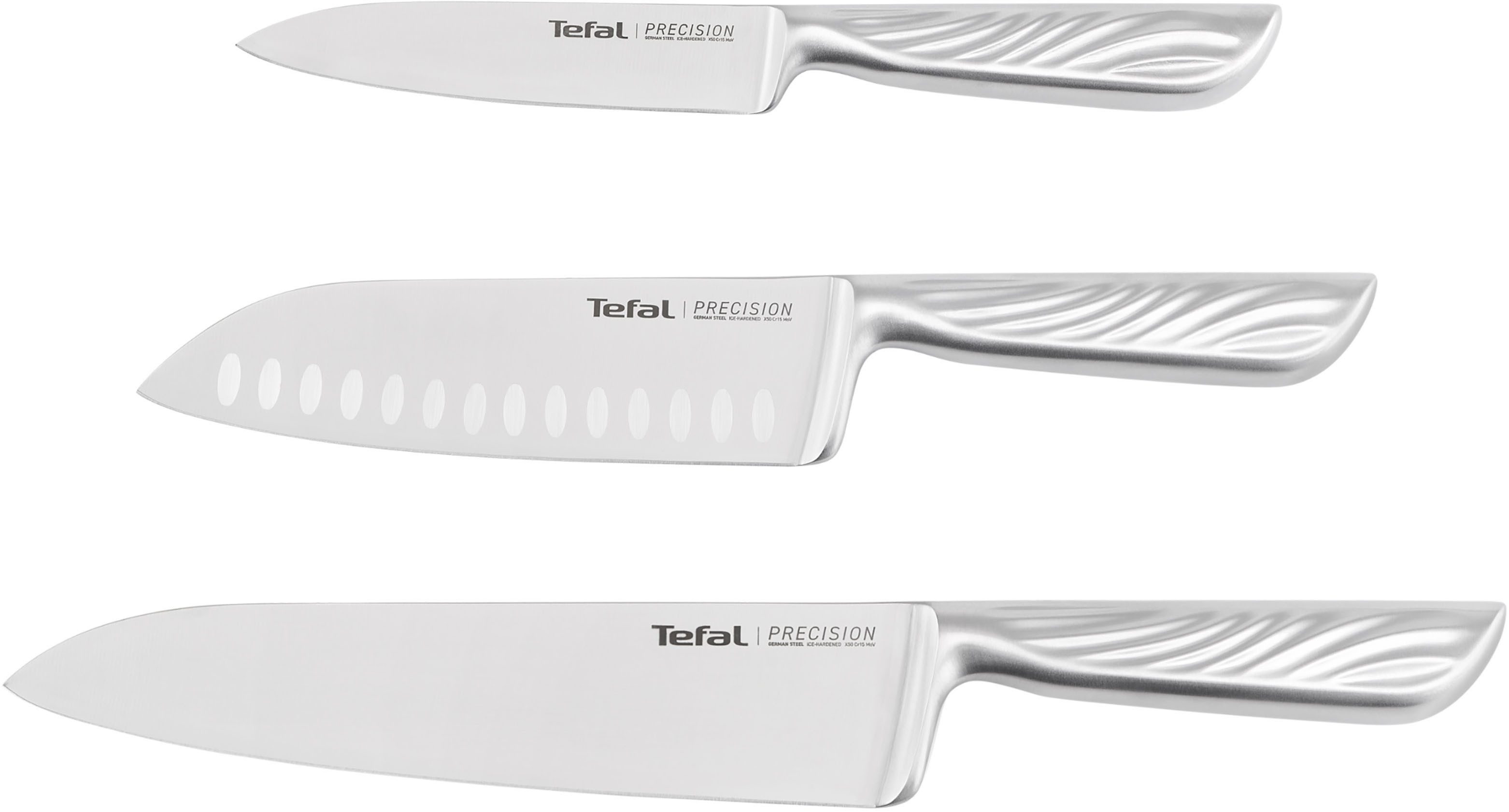 Tefal Ножи-Set Precision für perfekte Schnitte bei jeder Zutat (Set, 3-tlg., Поварские ножи (20 cm), Universalmesser (12 cm), Schälmesser (9 cm), hohe Schnittpräzision, langlebig, ergonomischer Griff, Wellenmuster