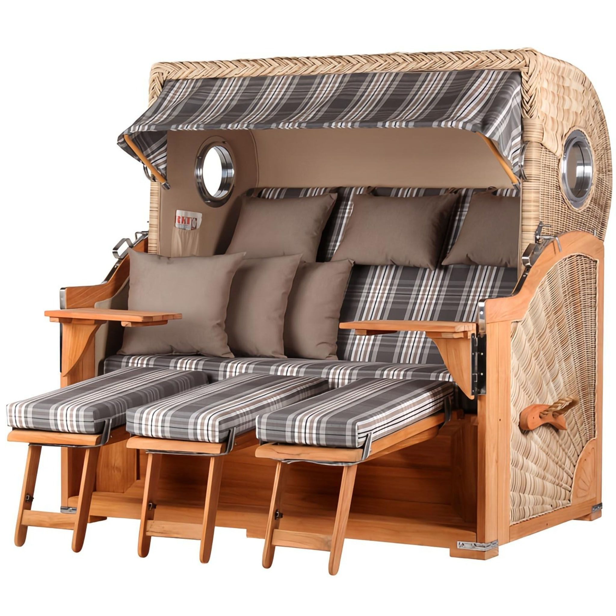 bene living Strandkorb Königssee 3-Sitzer Teak - PE shell - Modell 522, BxTxH: 170x95x170 cm, Volllieger, Königssee 3-Sitzer Teak, (Strandkorb-Komplettset, 5-tlg., Strandkorb inkl. Liftersystem und umfangreichem Zubehör), mit Windschutzfolie, Bistrotischen und bequemer Polsterung