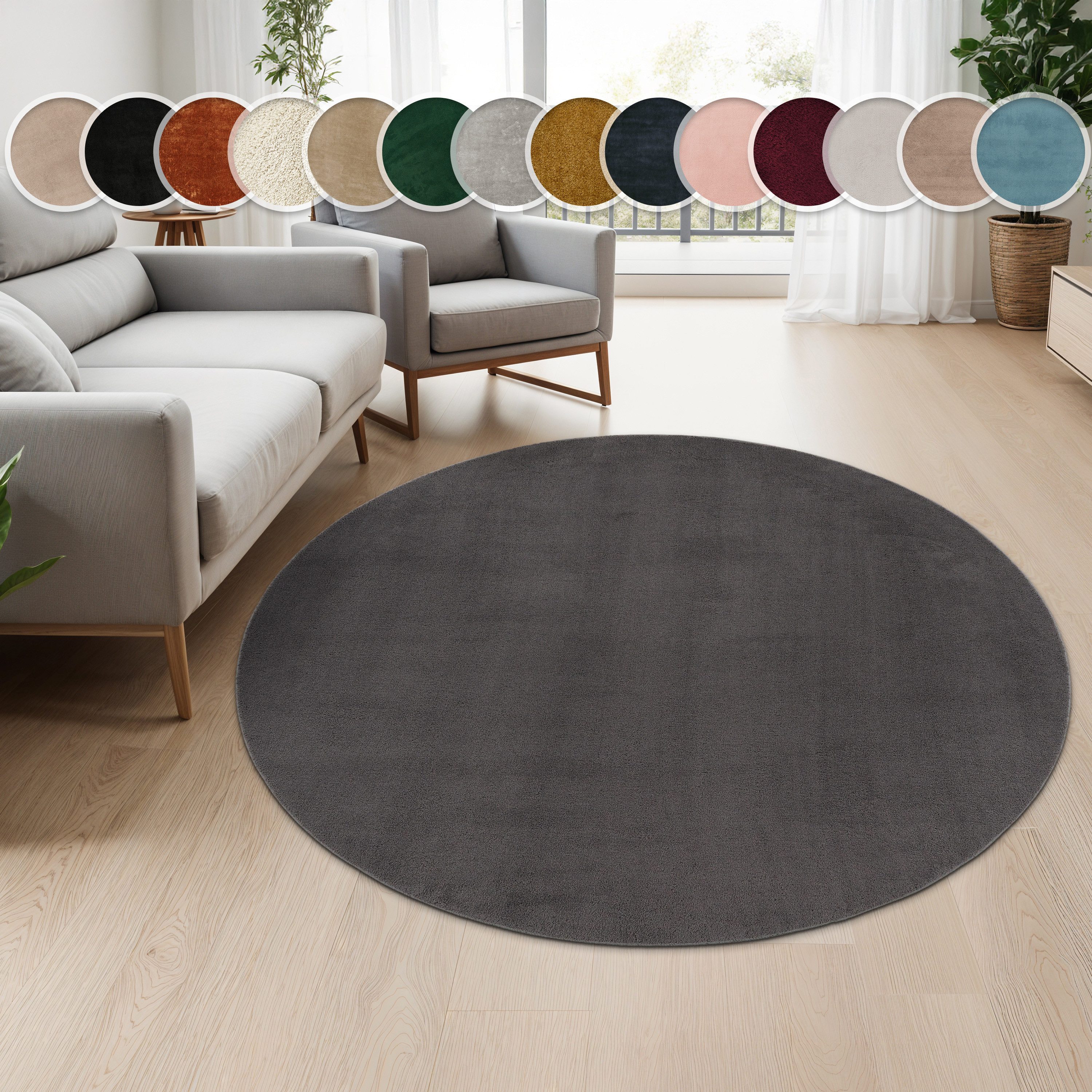 Paco Home Teppich Cadiz 630, rund, Höhe: 14 mm, Kurzflor, Uni-Farben, besonders weich, waschbar, Wohnzimmer