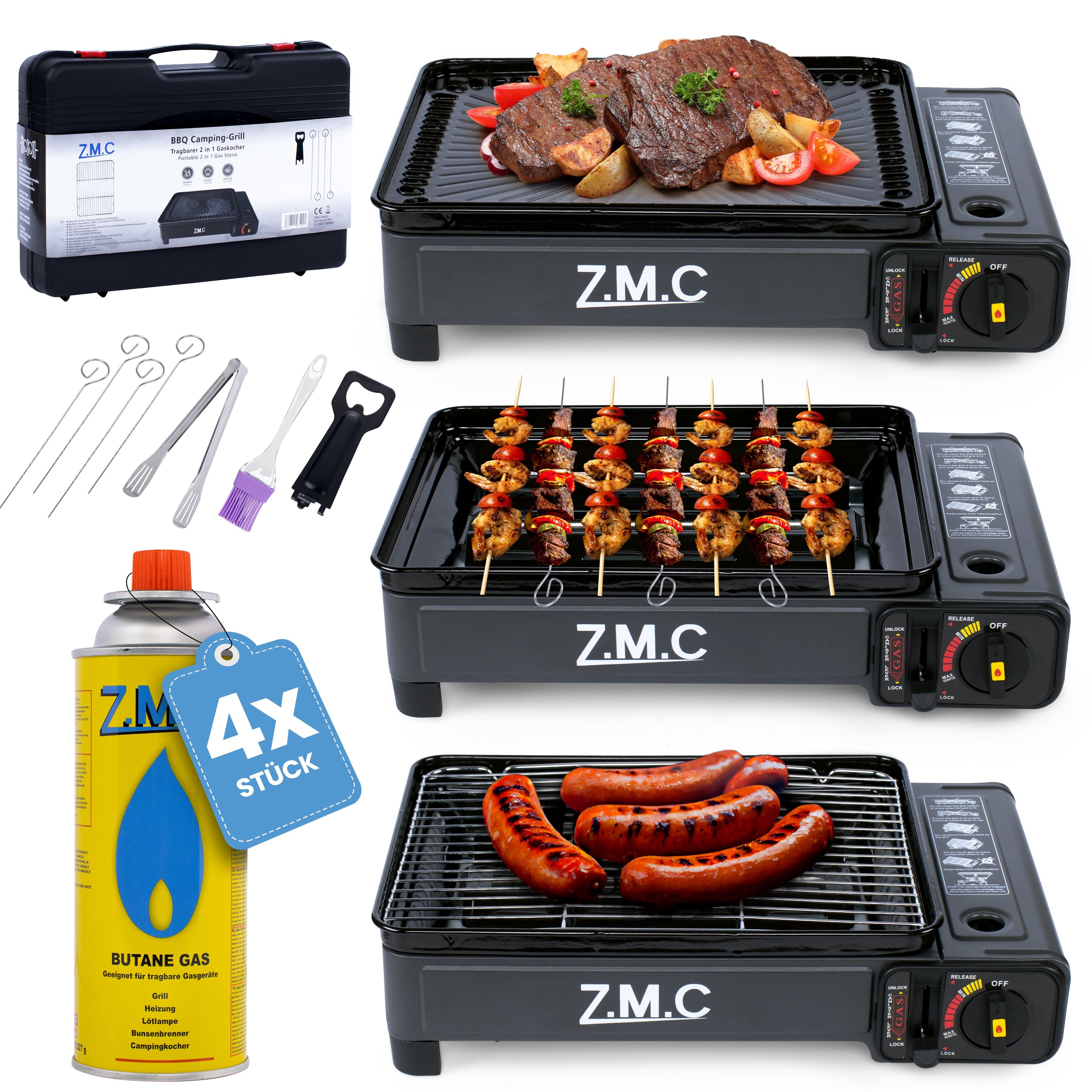 Grillrost, Gaskocher Piezo-Zündung mit Zubehör, Wärmeleistung: Tragekoffer, 2,2KW Tischgrill), Gaskartuschen, 4x mit Grillplatte (mit stufenlos ZMC Gaskocher 2-in-1 regulierbar, Camping-Kocher inkl. 3,8kg, +