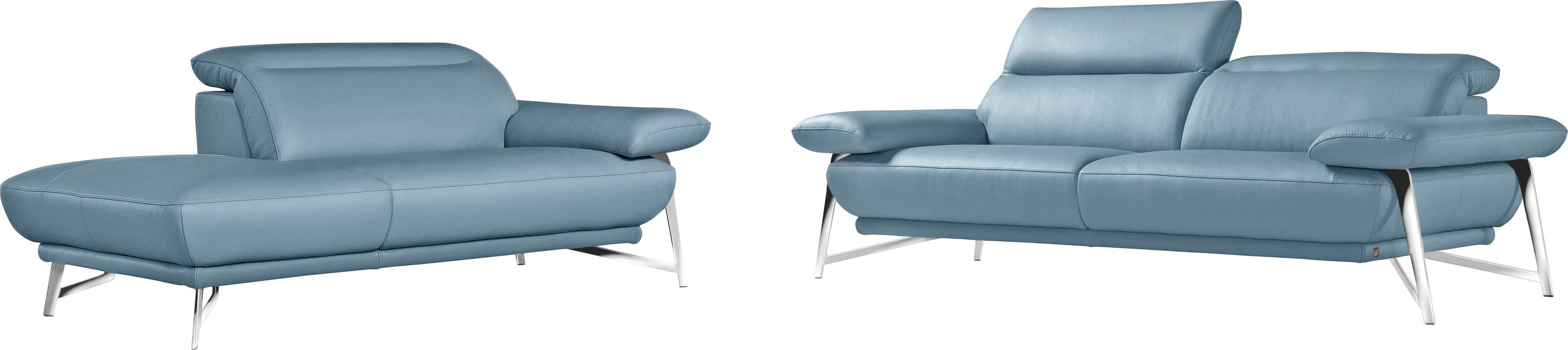 Egoitaliano Sofa Anais, erstklassiger Sitzkomfort, Fußfarbe chrom, Set, Kopfteil verstellbar, Leder CAREZZA, himmelblau
