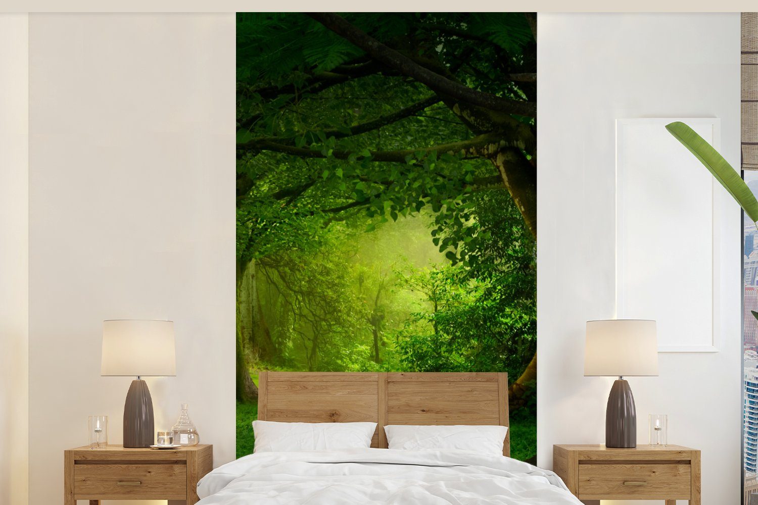 MuchoWow Fototapete Bäume - Wald - Grün - Landschaft - Natur, Matt, bedruckt, (2 St), Vliestapete für Wohnzimmer Schlafzimmer Küche, Fototapete