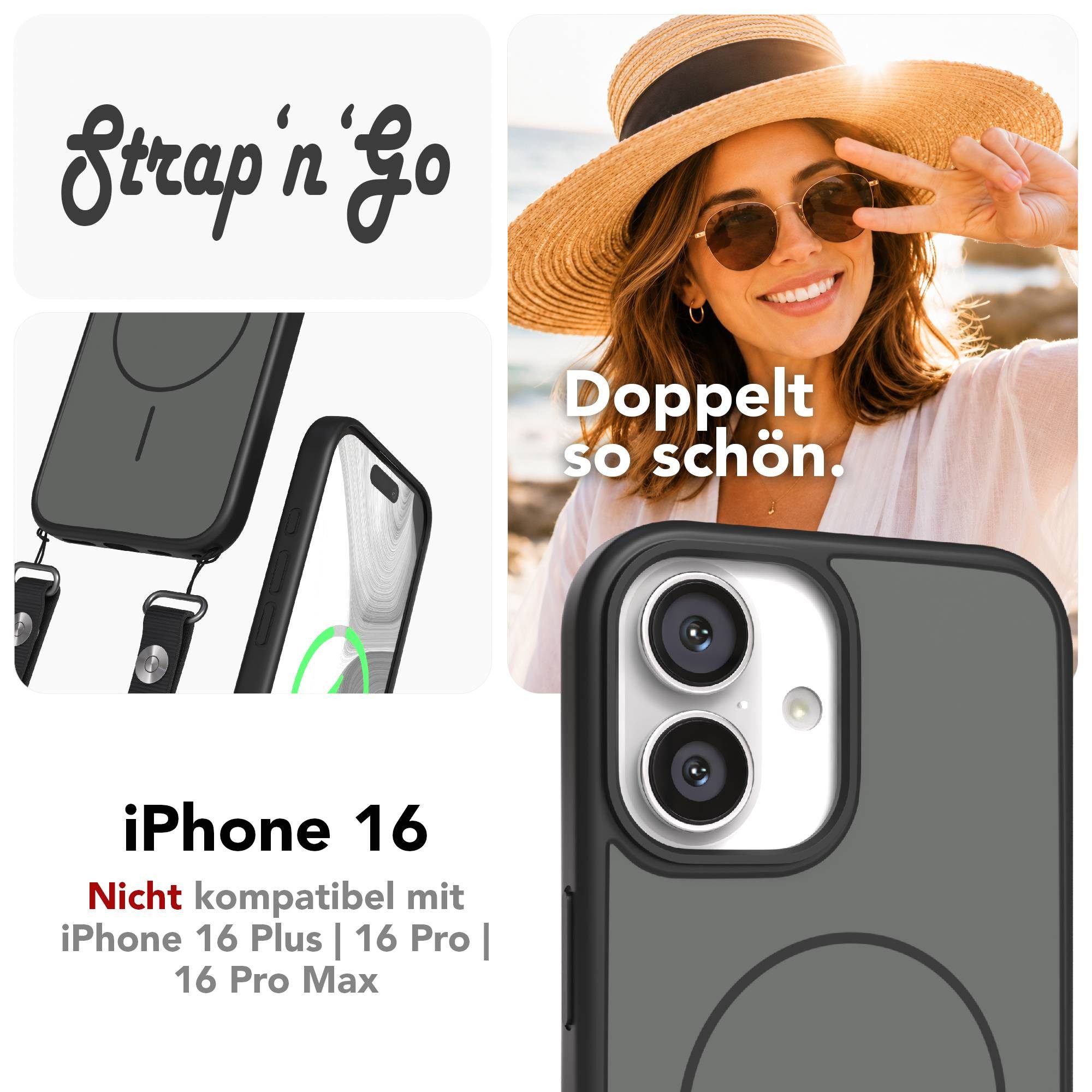 EAZY CASE Handykette Outdoor Case Thin MagSafe mit Band für Apple iPhone 16 6,1 Zoll, Outdoor Case mit Slim MagSafe Ring und Handykette in Schwarz