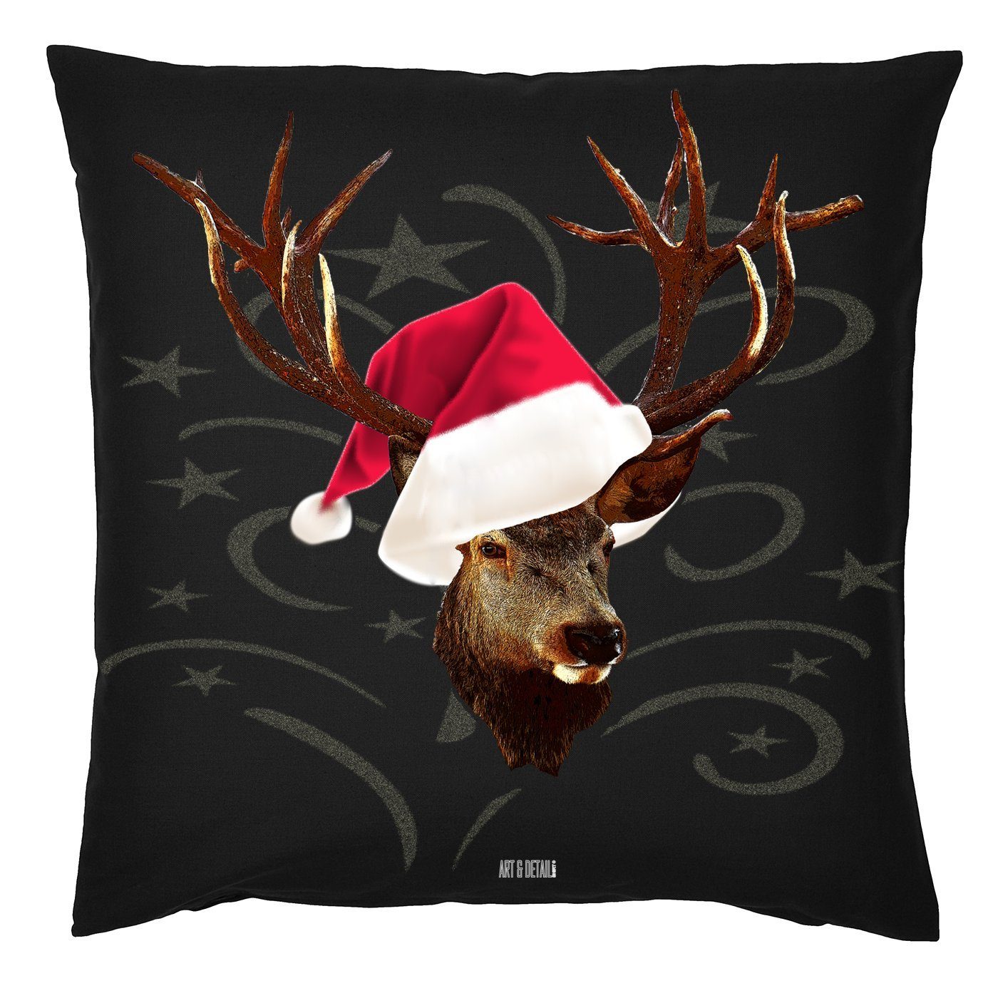 Dekokissen Weihnachten Design Hirsch mit Weihnachtsmütze