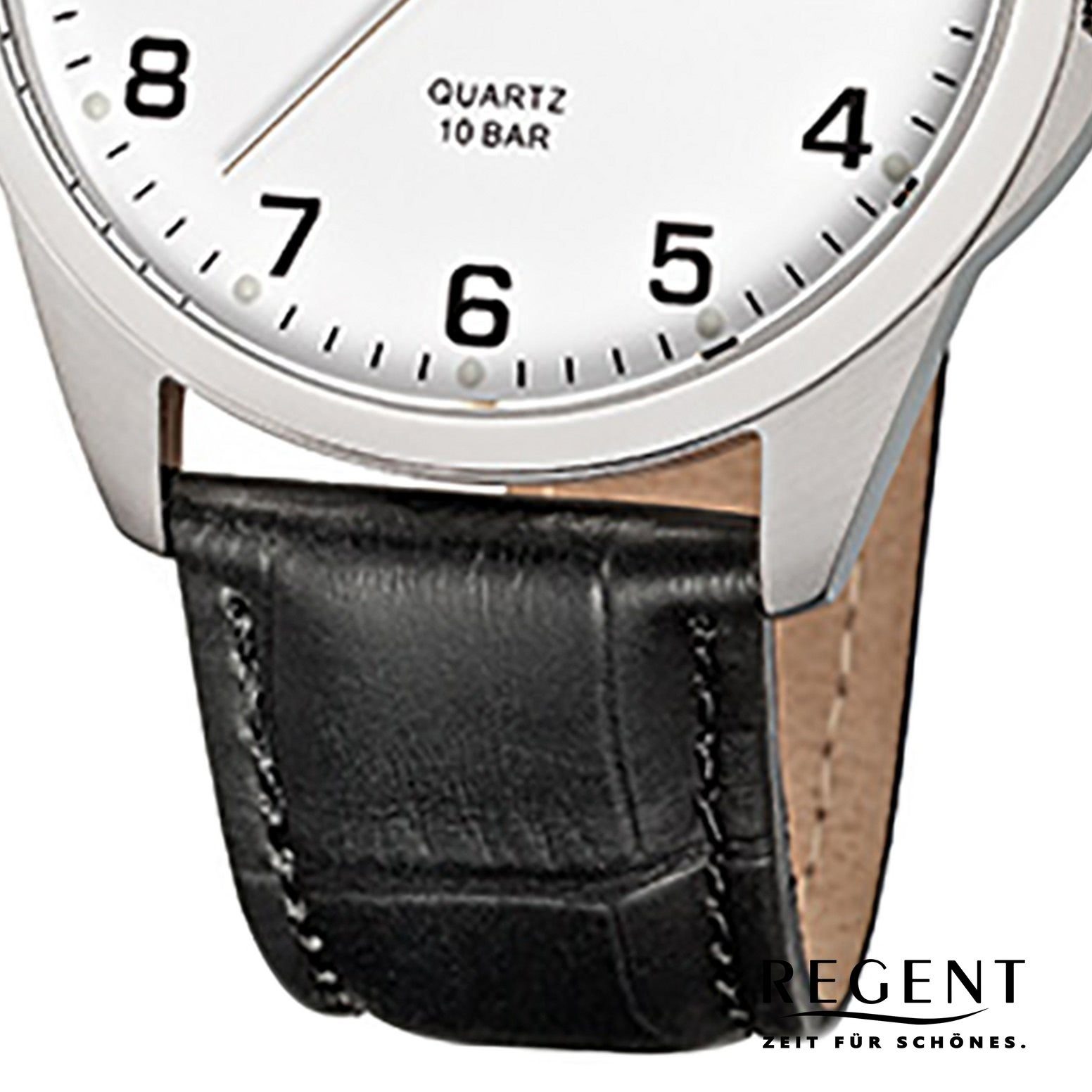 Regent Quarzuhr Herren Armbanduhr mittel Lederarmband rund, schwarz 39mm), Analog, Regent (ca. Herren-Armbanduhr