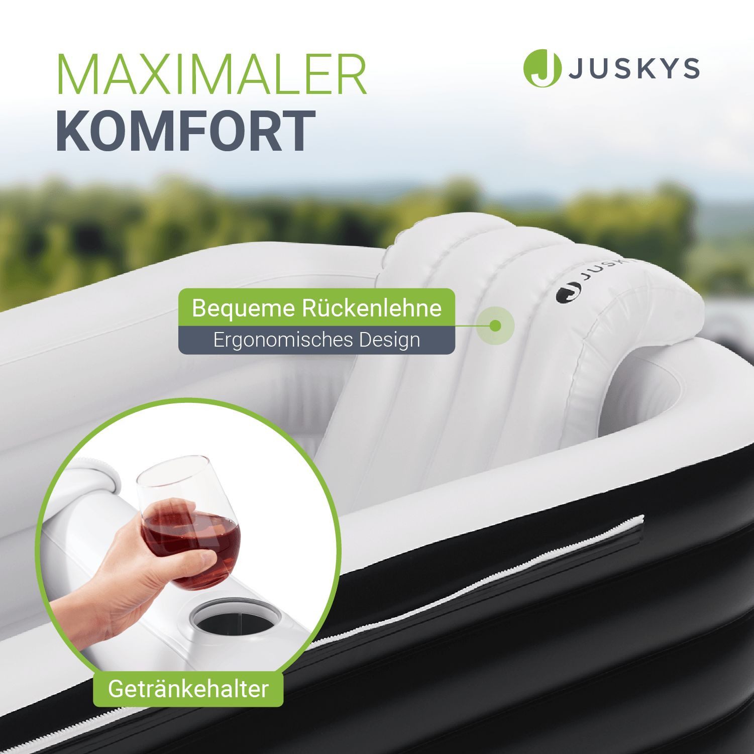Juskys Badewanne, 300 L, aufblasbar, platzsparend, mit Rückenlehne, Pumpe und Abdeckung
