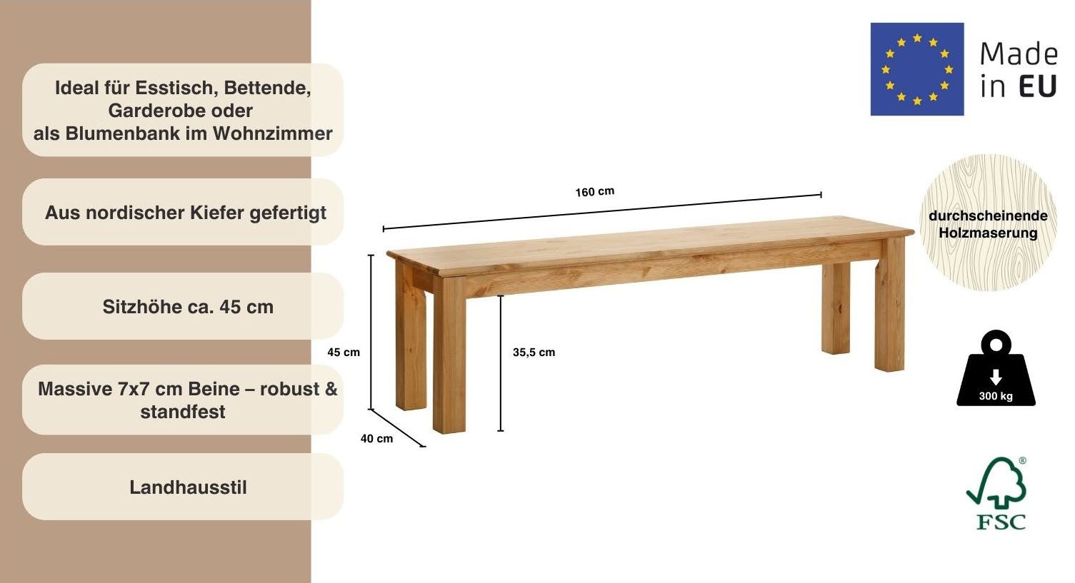 OTTO home Sitzbank Konrad, Bank, Breite 120/140/160 cm, aus massiver, FSC®-zertifizierter Kiefer