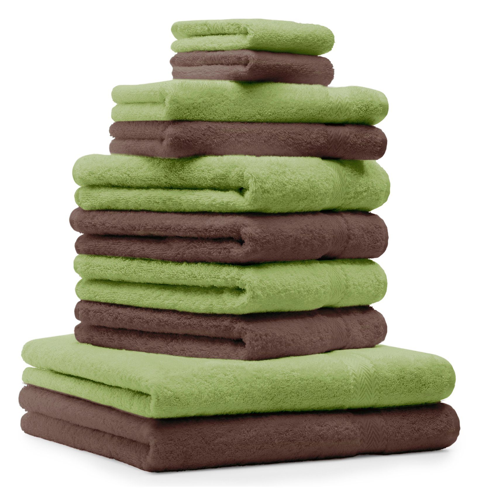 Betz Handtuch Set 10-TLG. Handtuch-Set Premium 100% Baumwolle 2 Duschtücher 4 Handtücher 2 Gästetücher 2 Waschhandschuhe Farbe Apfel Grün & Nuss Braun, 100% Baumwolle, (Set, 10-tlg)