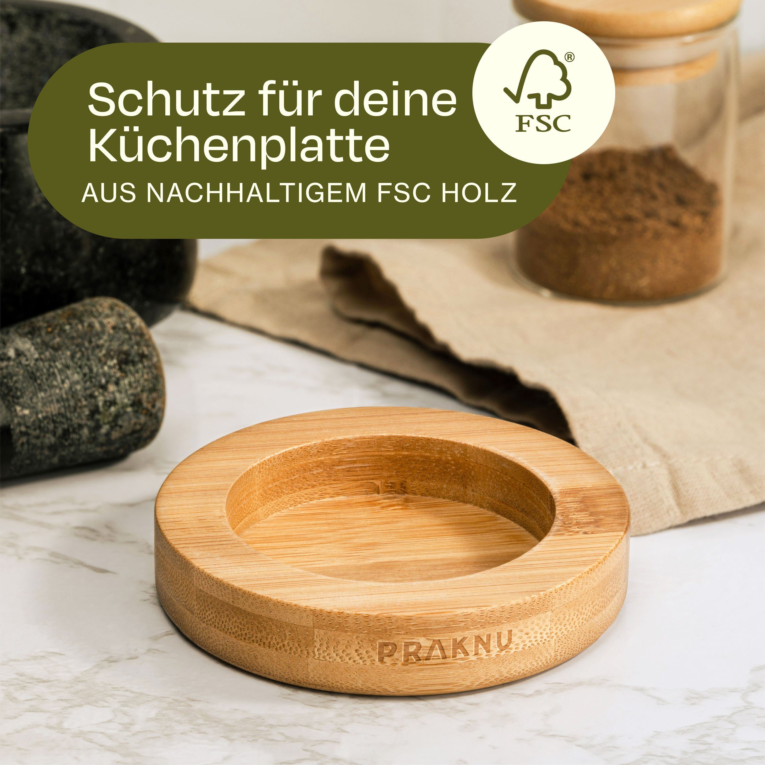 Praknu Mörser Granit Mörser mit Stößel klein - Für ein besonders feines Mahlergebnis, Für ein feines Mahlergebnis - Untersetzer aus nachhaltigem FSC Holz – Bild 3 von 5