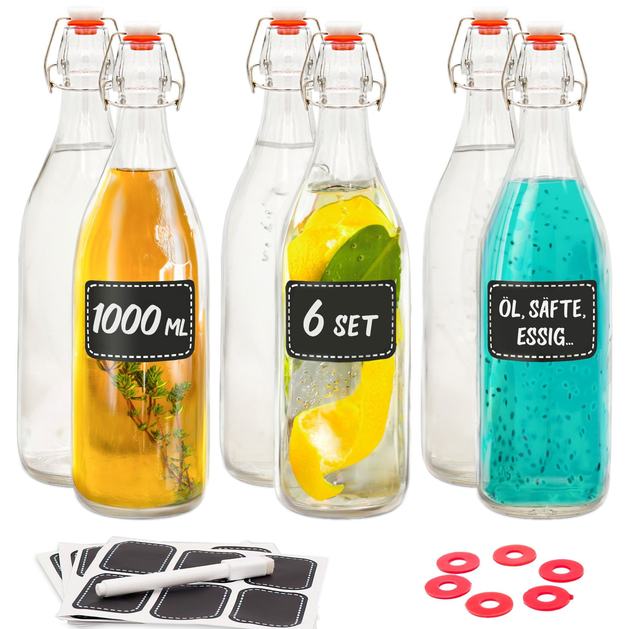 Praknu Trinkflasche 6 Glasflaschen mit Bügelverschluss 1000ml, 6 Extra Dichtungen und 12 Etiketten mit Stift