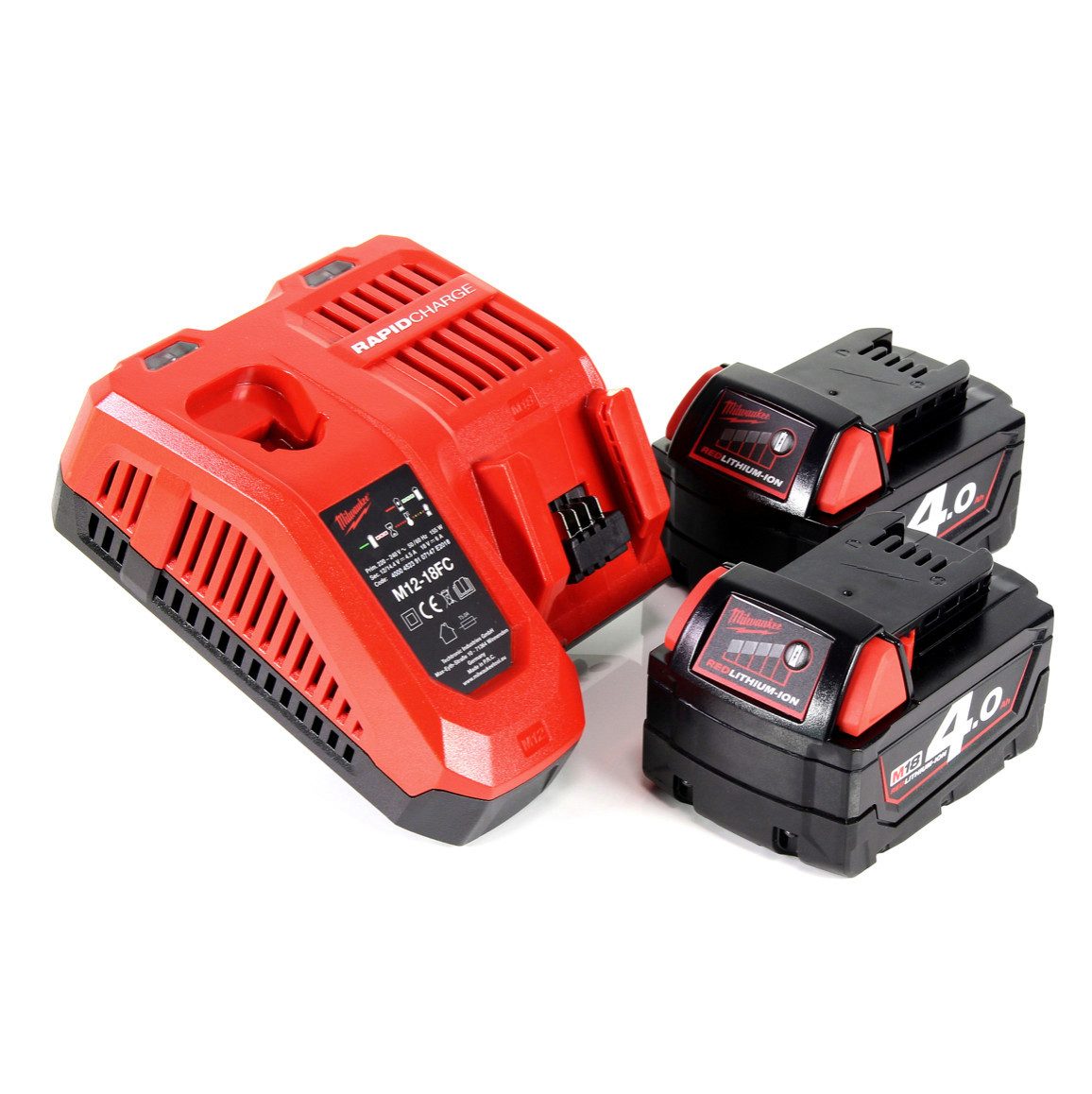 Milwaukee Akku Starter 18V Set mit 2x M18 B4 Akku 4,0Ah + M12-18FC Ladegerät Akkupacks