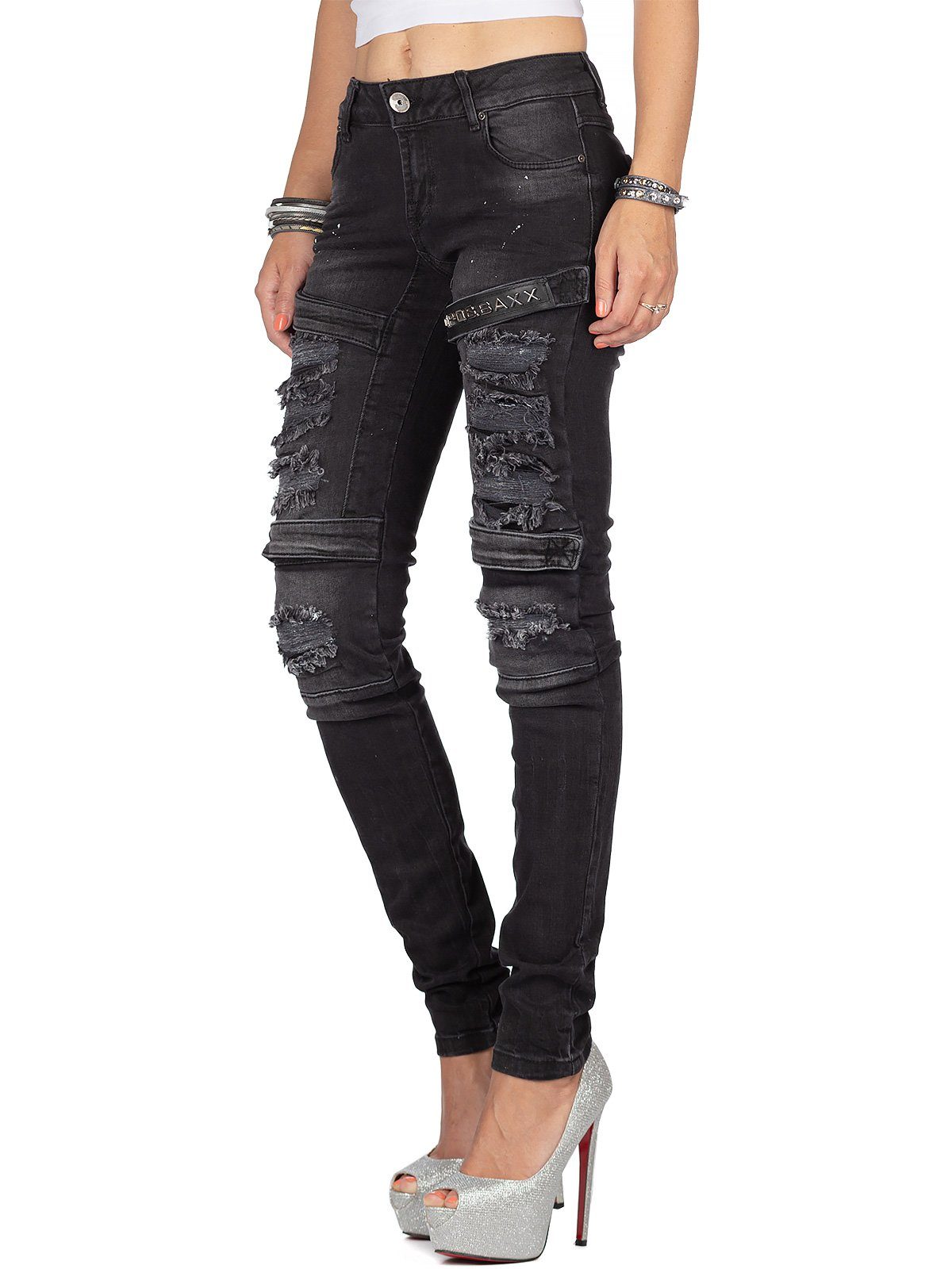 Cipo & Baxx Slim-fit-Jeans Biker Hose BA-WD383 mit Aufnähern und Klettschlüssen Destroyed