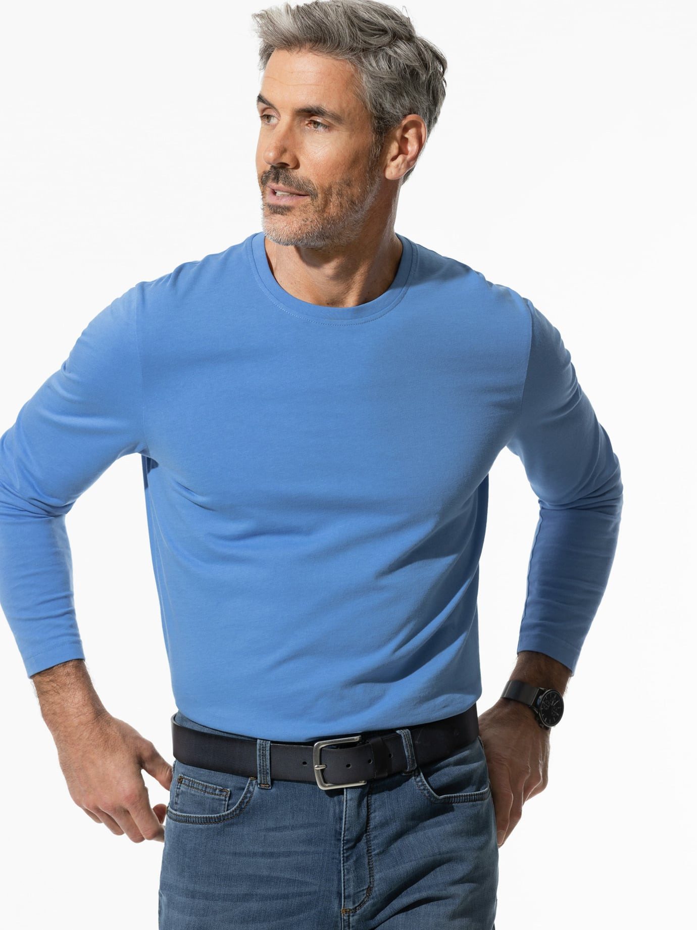 Walbusch Langarmshirt Herren Langarm-Shirt Rundhalsausschnitt Baumwolle pflegeleicht Jersey mit seidigem Griff, leichter Glanz, farbbeständig, formstabil