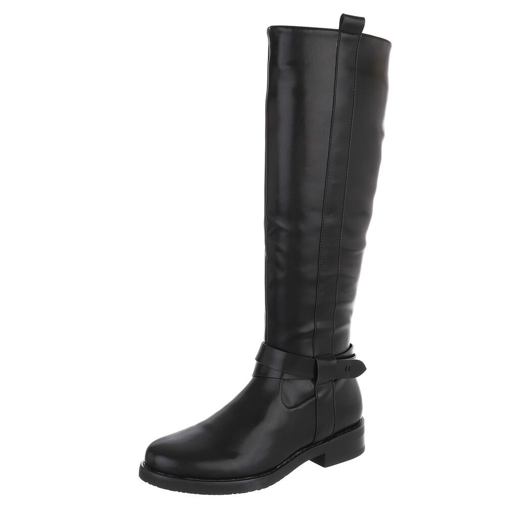 Ital-Design Damen Stiefel hoch mit Riemen, flacher Absatz Stiefel (92078877) Blockabsatz Flache Stiefel in Schwarz