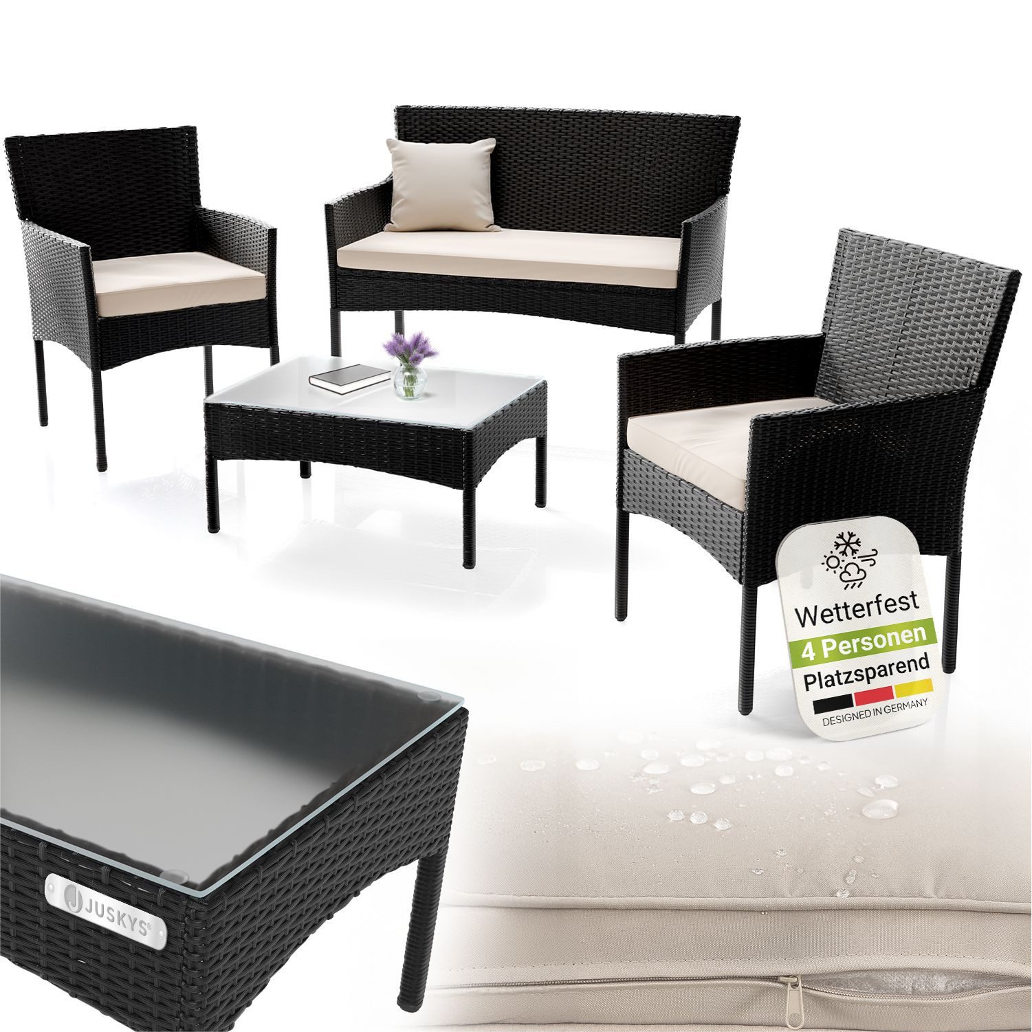 Juskys Gartenlounge-Set Fort Myers, wetterfeste Polyrattan Sitzgruppe für 4 Personen