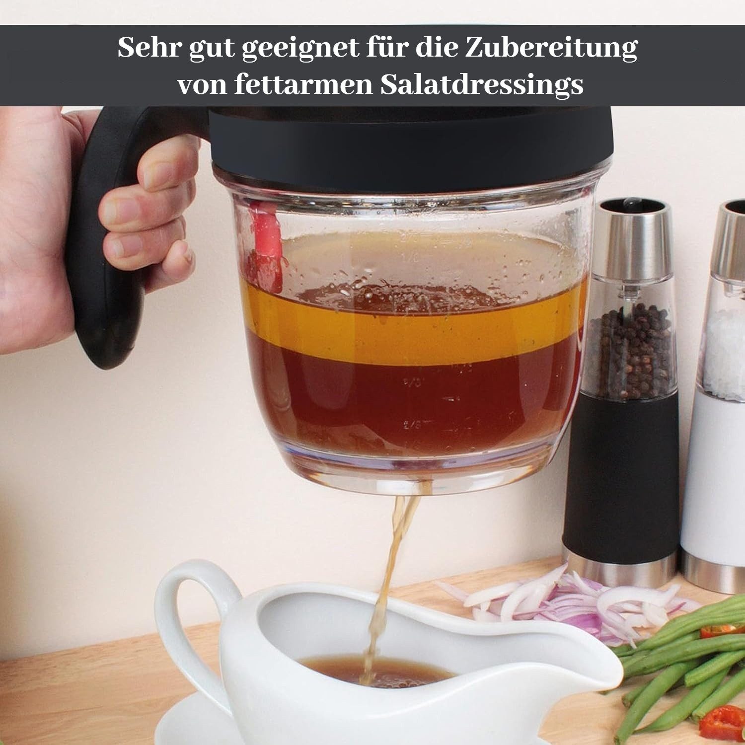 BlingBin Fetttrennkanne für Soßen, Fettabscheider 1000ml, Doppelfiltrations Fetttrenner, PP + ABS, (1er SET, 1-St., 1000 ml), für das Abschöpfen von Fett aus Soßen und Suppen
