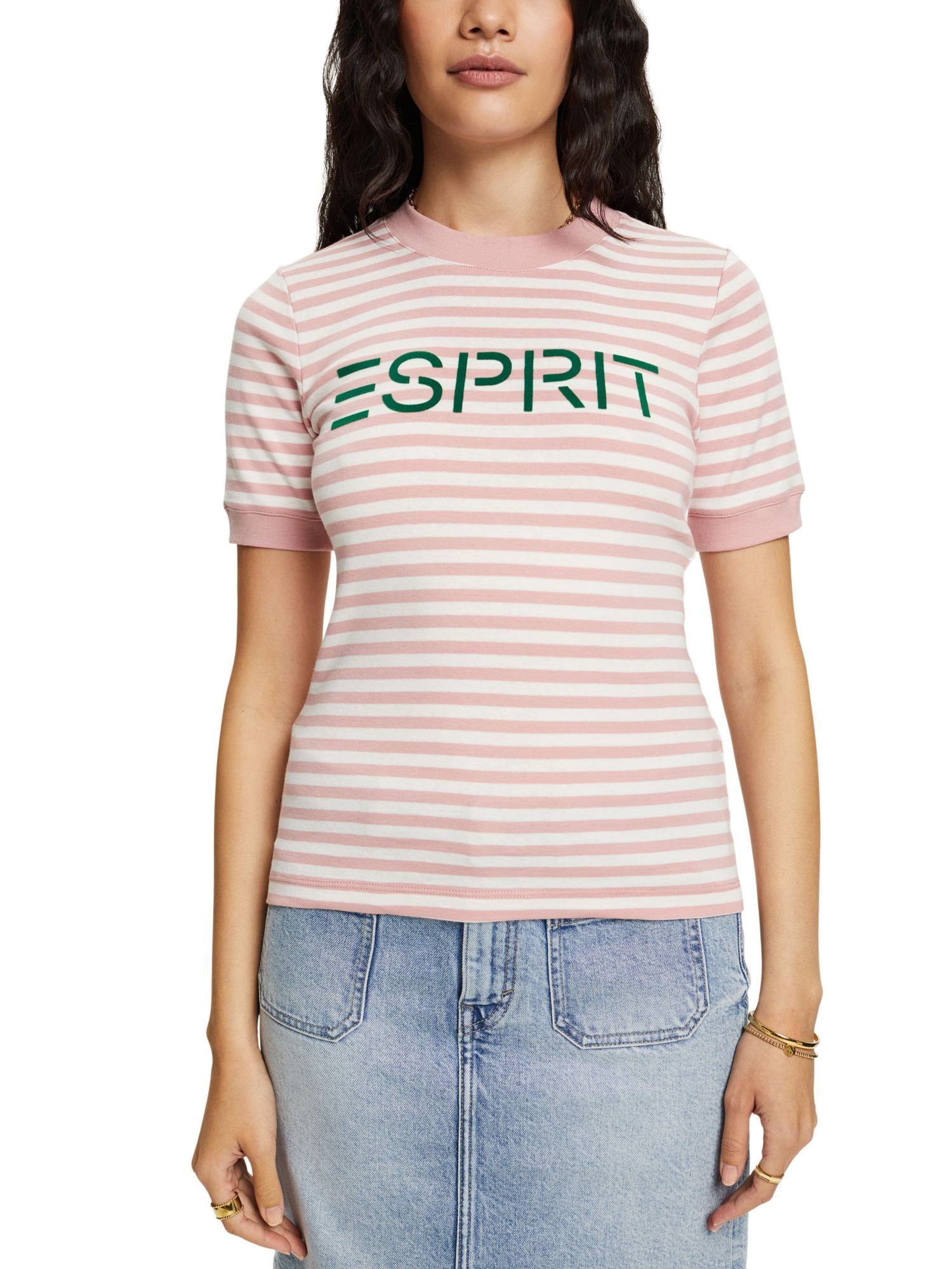 mit OLD Esprit PINK Logo-Print Gestreiftes T-Shirt Baumwoll-T-Shirt (1-tlg)