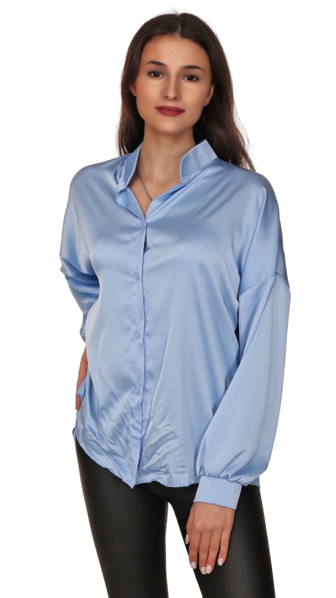 Charis Moda Langarmbluse Bluse im asymmetrischem Schnitt vorne kürzer hinten länger Hellblau