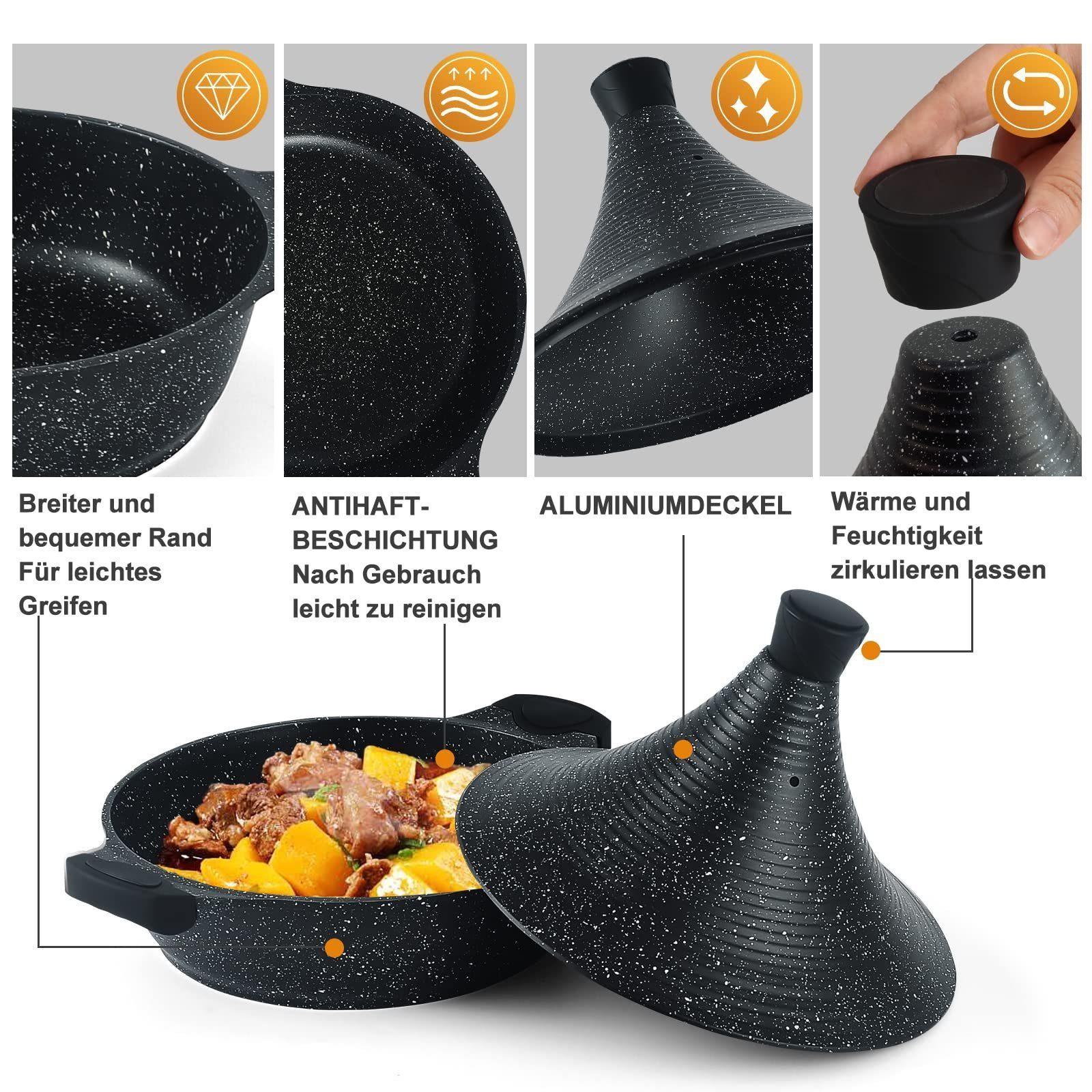 Topf Aluminium kegelförmigem Marokkanische Dampfgartopf mit Antihaftbeschichtung, (Topf Scheffler Tagine Tajine Deckel), Induktion, Schwarze induktionsgeeignet - Flecken