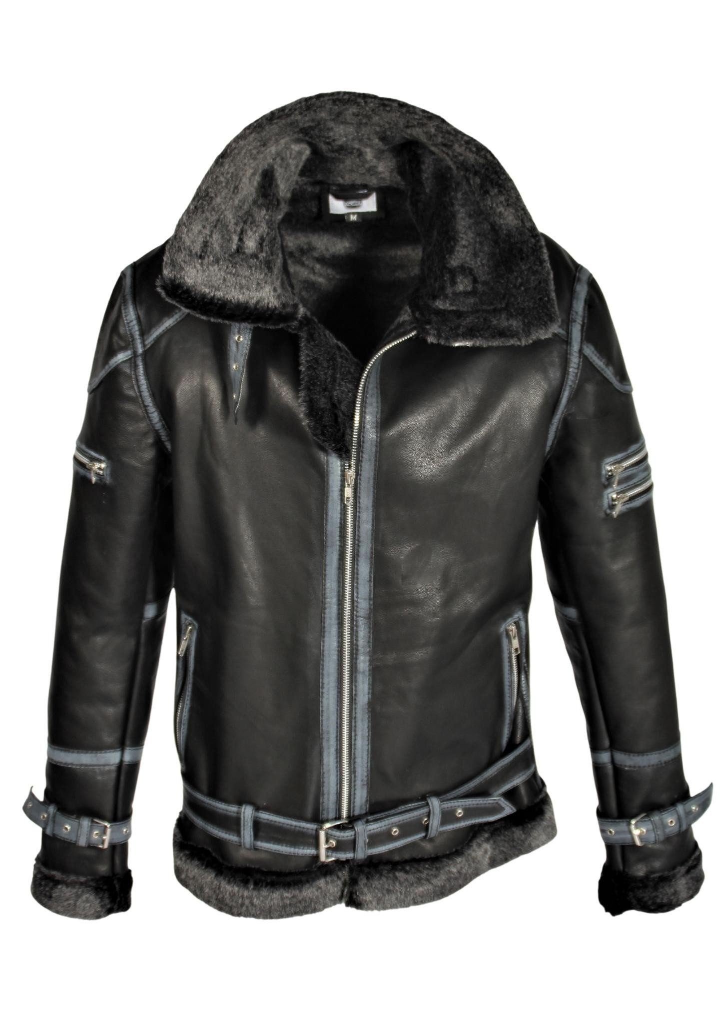 Be Noble Lederjacke Winterjacke Warme Winterjacke in schwarz mit blauen Used Look