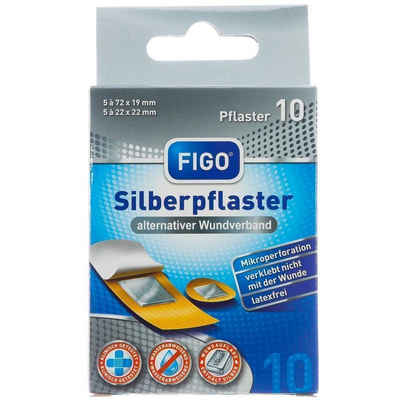FIGO Wundpflaster 10er Silberpflaster (Set, 10 St., Silberpflaster), Hypoallergen Hautfreundlich Pflaster Pflasterstrips Atmungsaktiv