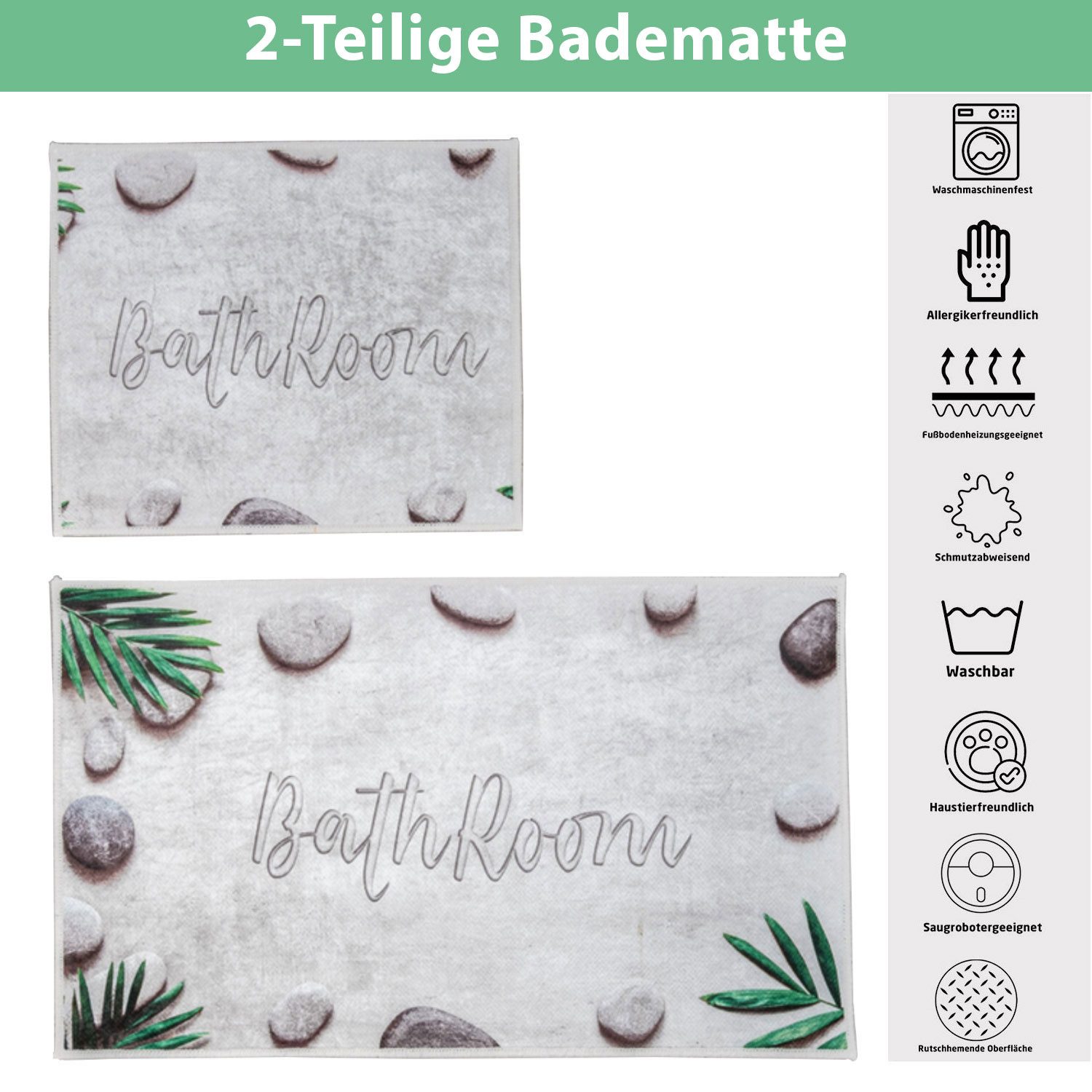 Jungengel Badematte Badteppich 2'er Bathroom Rutschfest Vorleger Badvorleger Duschvorleger, Höhe 8 mm, 30°C Waschmaschinengeeignet, Leicht zu säubern, Allergikerfreundlich, Kinder- & Haustierfreundlich, Selbstliegend, Schmutzabweisend, Geeignet im Gebrauch mit Saugroboter, Umweltfreundlich, Obermaterial: 90% Baumwolle, 10% Polyester, Rückenmaterial: 100% Baumwolle, Premium Qualität, Waschbar 30°C, Flache Oberfläche, Antirutsch