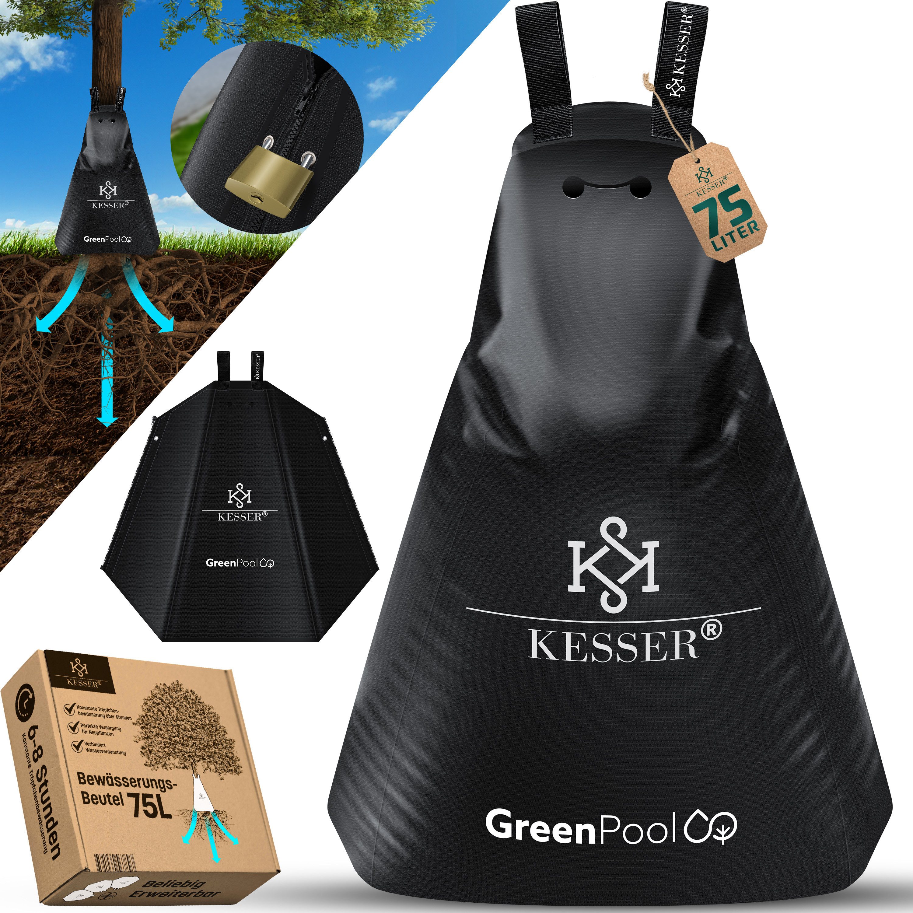 KESSER Tropfer Baum-Bewässerungssack Bewässerungssystem für Bäume, (1-tlg., Bewässerungsbeutel aus UV beständigem PVC mit Schloss & 2x Schlüssel), Baumbewässerungsbeutel, Baumsack für gezielte Bewässerung von Bäumen
