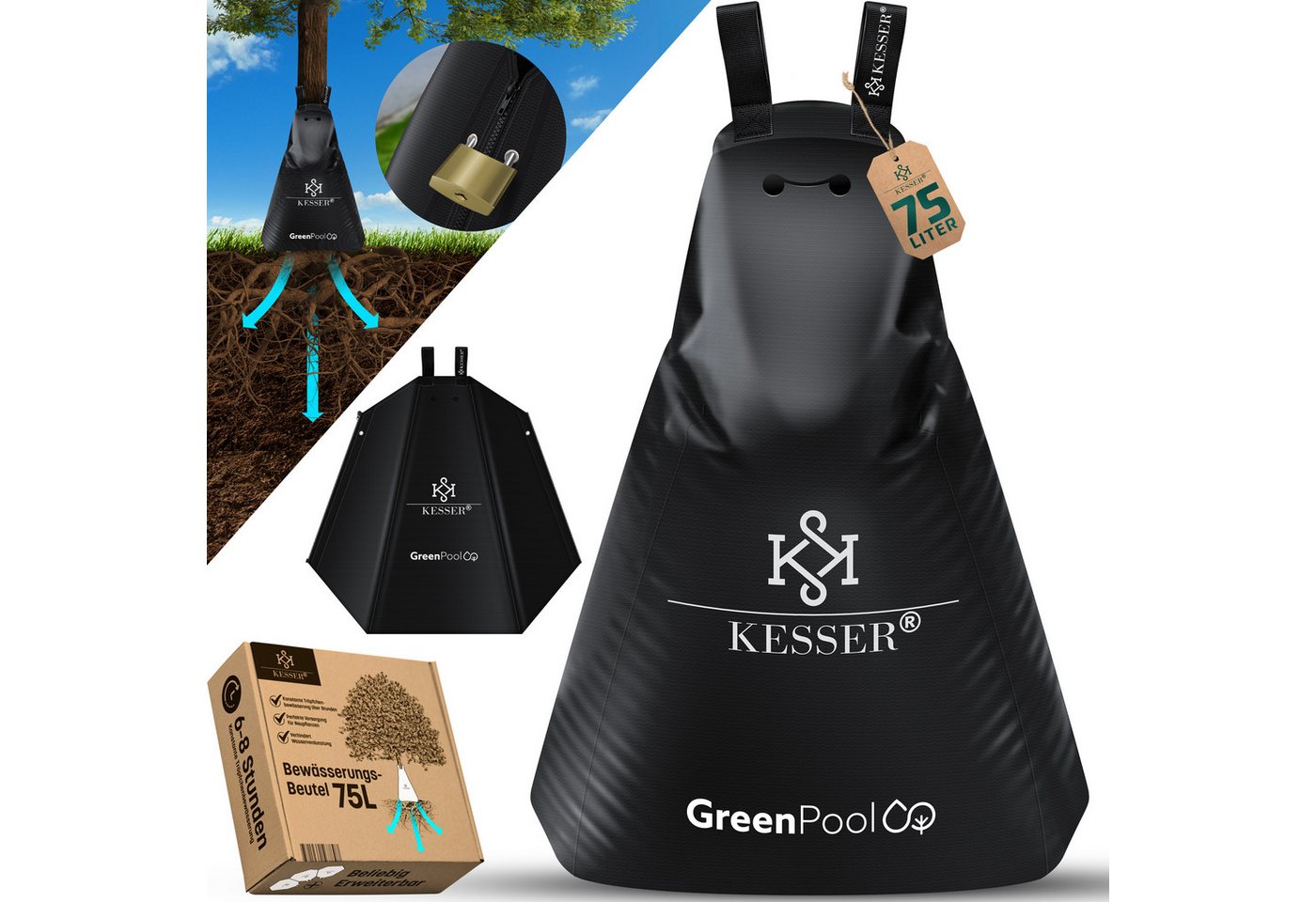 KESSER Tropfer Baum-Bewässerungssack Bewässerungssystem für Bäume, (1-tlg., Bewässerungsbeutel aus UV beständigem PVC mit Schloss & 2x Schlüssel), Baumbewässerungsbeutel, Baumsack für gezielte Bewässerung von Bäumen