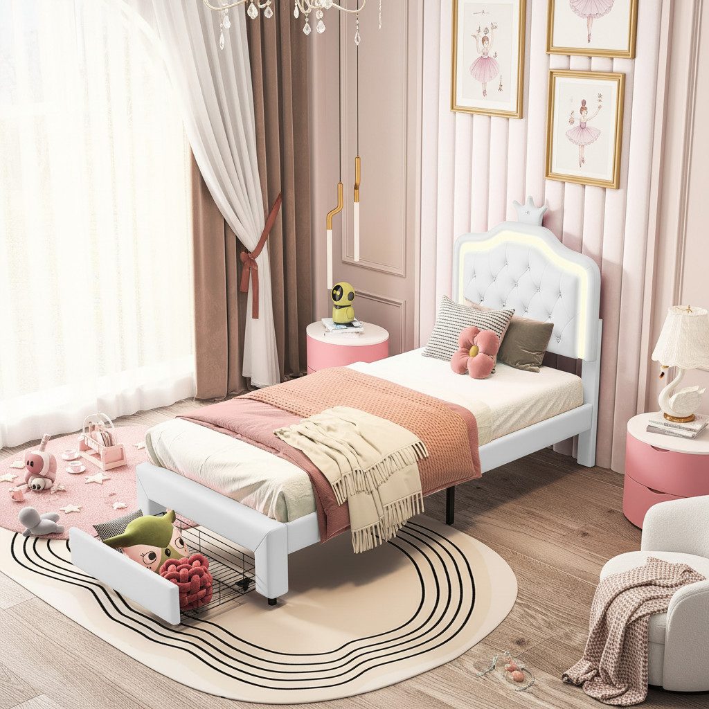 Simurq Kinderbett Prinzessin Bett, Kinderbett 90x200, Mädchen Bett, Bettgestell, Komfort-Lattenrost, Jugendbett mit Stauraum, Kunstleder, pflegeleicht