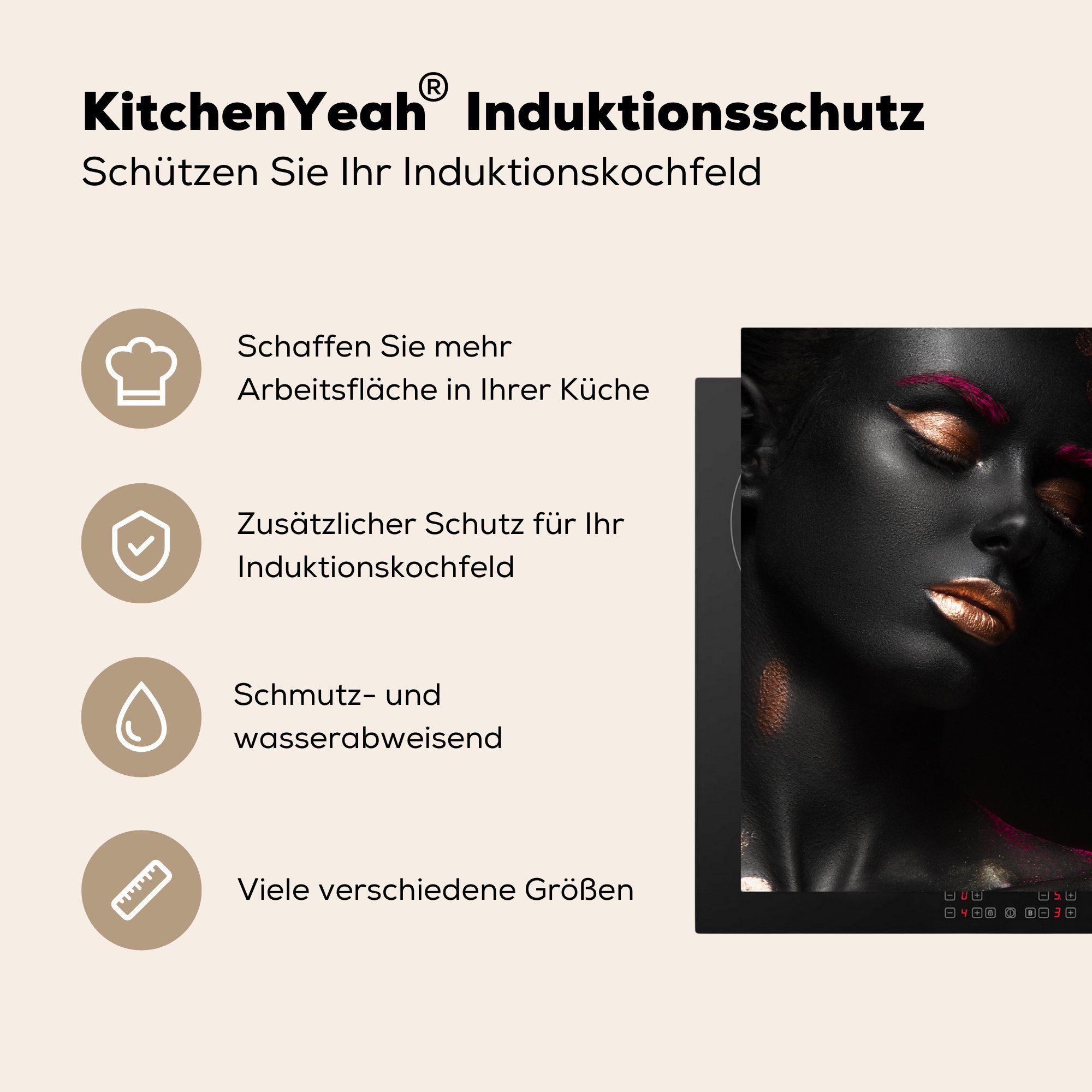 MuchoWow Herdblende-/Abdeckplatte Schwarz 81x52 Induktionskochfeld Frau - cm, küche, für (1 Gold, tlg), Schutz Ceranfeldabdeckung die - Vinyl