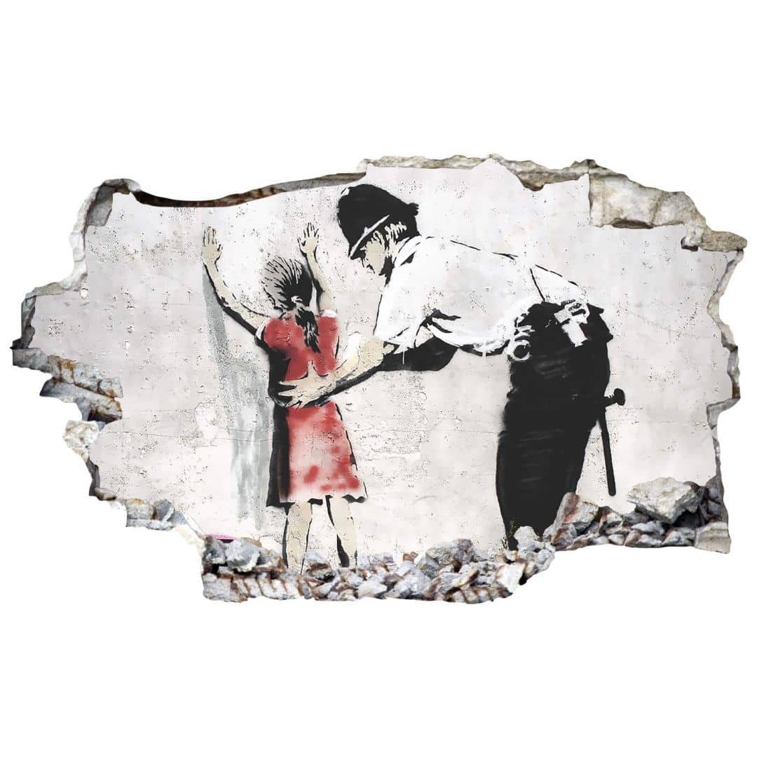 K&L Wall Art Wandtattoo 3D Aufkleber Banksy Graffiti Street Art Policeman searching girl, Mauerdurchbruch Wandbild selbstklebend