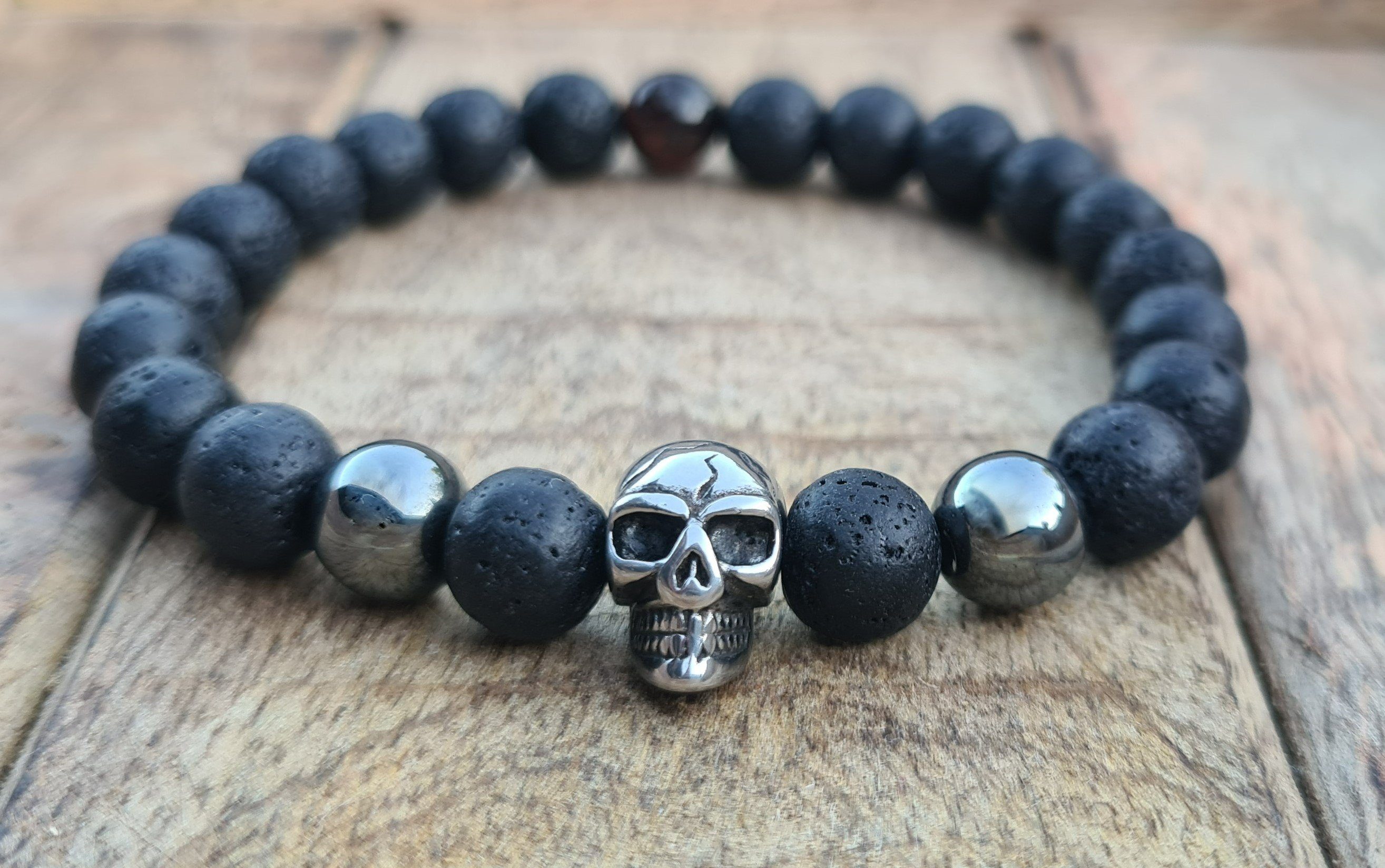 Hämatit Armband, Band Lavastein Armband Stretch dehnbar, NAHLE Edelstahl Totenkopf Anhänger