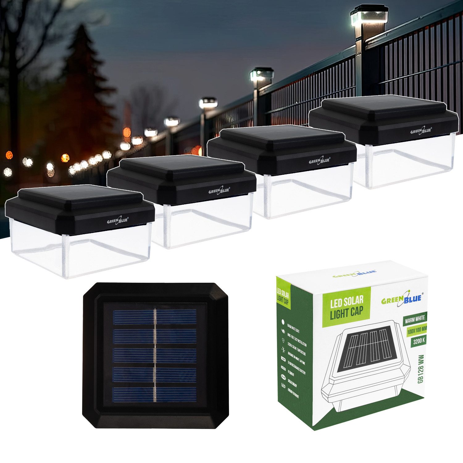 GreenBlue LED Solarleuchte GB125/GB127/GB128 Aufsatz Solarlampe für Pfosten, LED fest integriert, Warmweiß, Lichtquelle im Garten Wegbeleuchtung