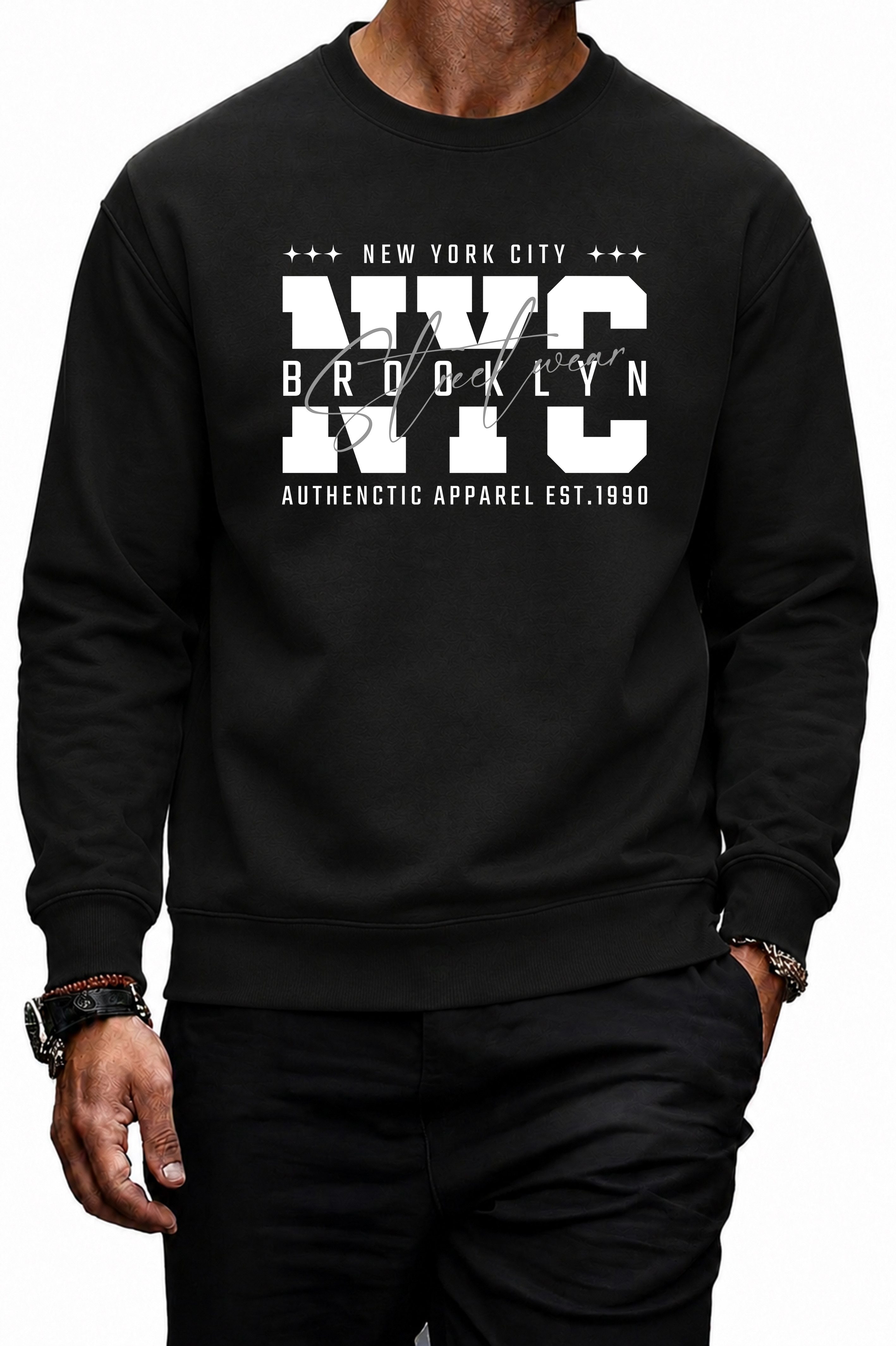 Banco Sweatshirt Langarm Herren New York Brooklyn Frontprint Rundhals mit großem NYC-Brooklyn-Frontprint