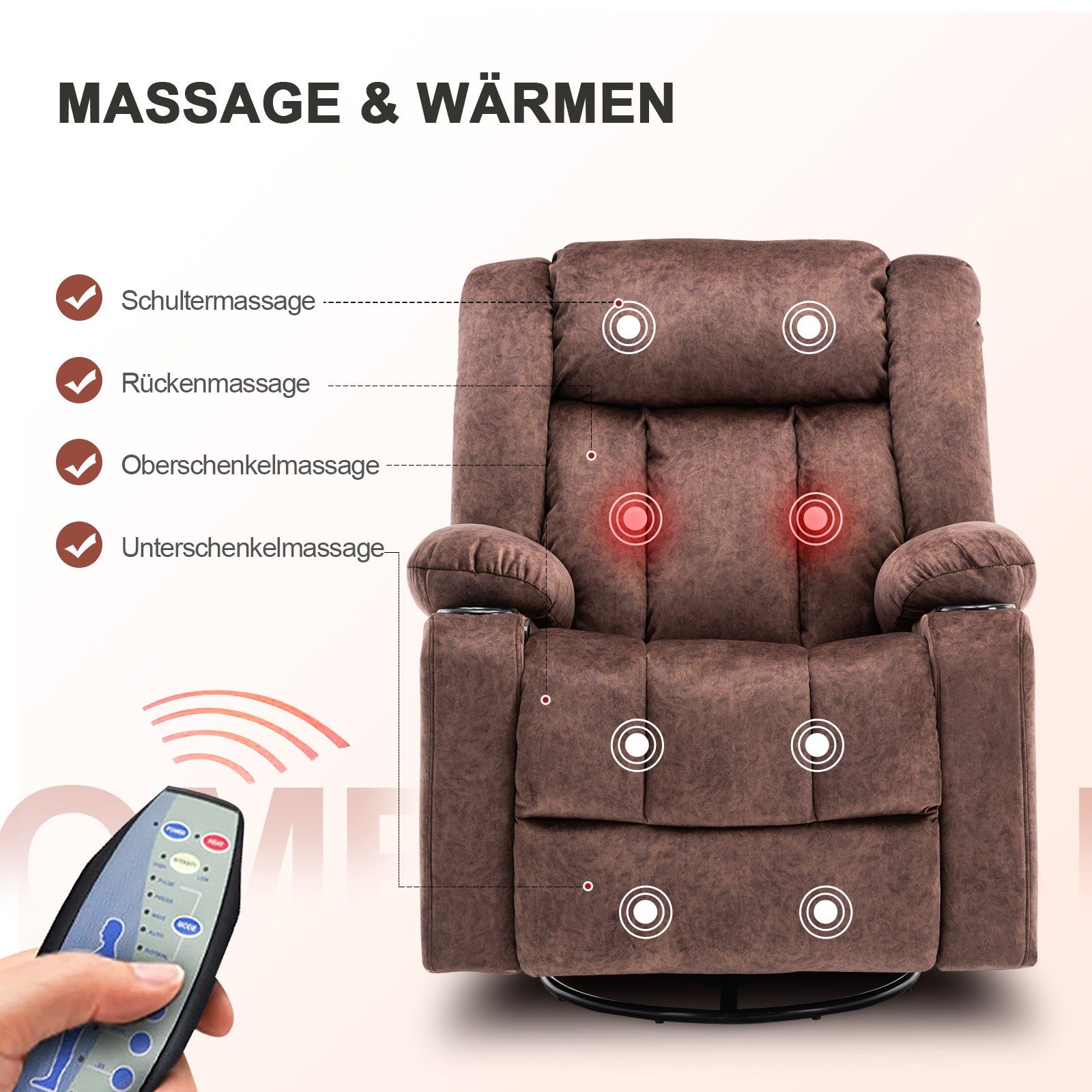 Relaxsessel und Elektrisch COMHOMA Lift Getränkehalter Fernsehsessel, Massagesessel mit Liegestuhl braun Power Seitentaschen 2