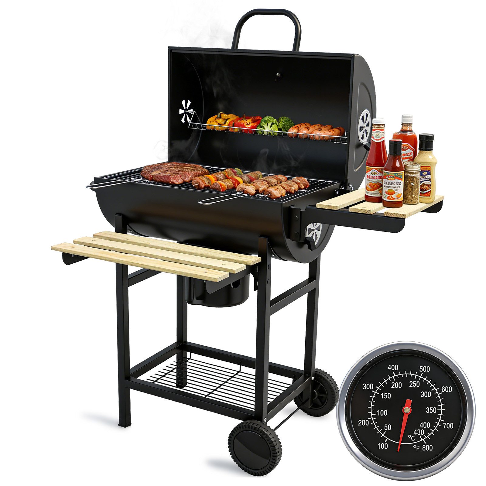 SunJas Holzkohlegrill mit Deckel und Thermometer BBQ Grill Holzkohle mit Rädern, Grillfläche: 55×35cm, Gartengrill Mobiler Grill Outdoor Grill
