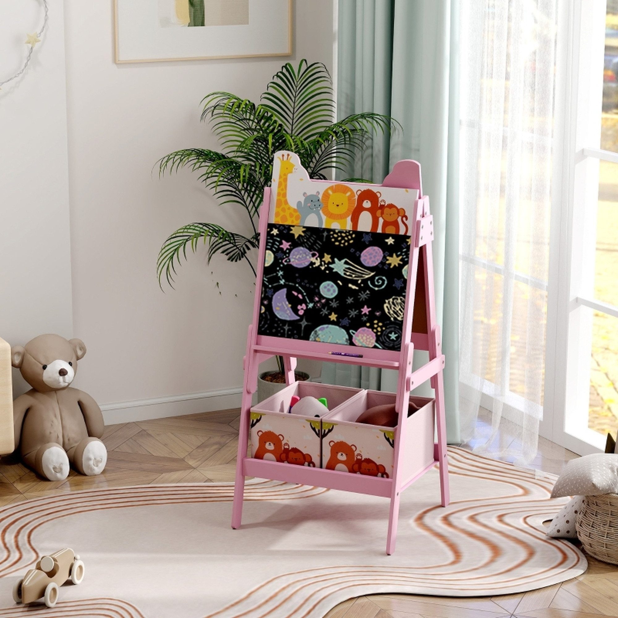 MC Star Standtafel 2-in-1 Kindermalstaffelei mit Whiteboard, Aufbewahrungsboxen, (Kreidetafel, für Kinder im Alter von 3-8 Jahren, Rosa)