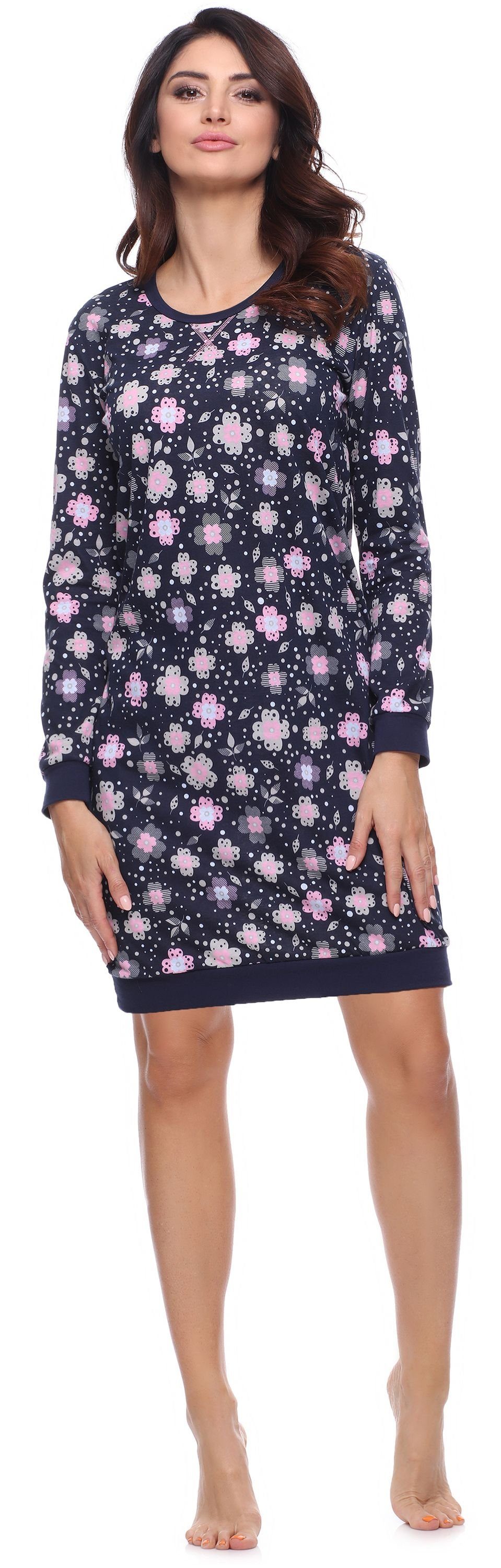 Nachthemd Style Merry aus MS10-180 Nachthemd Marine Damen Baumwolle Langarm (1-tlg) Blumen