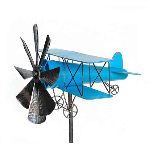 DanDiBo Gartenstecker Gartenstecker Metall Flugzeug XL 160 cm Doppeldecker Blau 96099 Windspiel Windrad Wetterfest Gartendeko Garten Gartenstab Bodenstecker