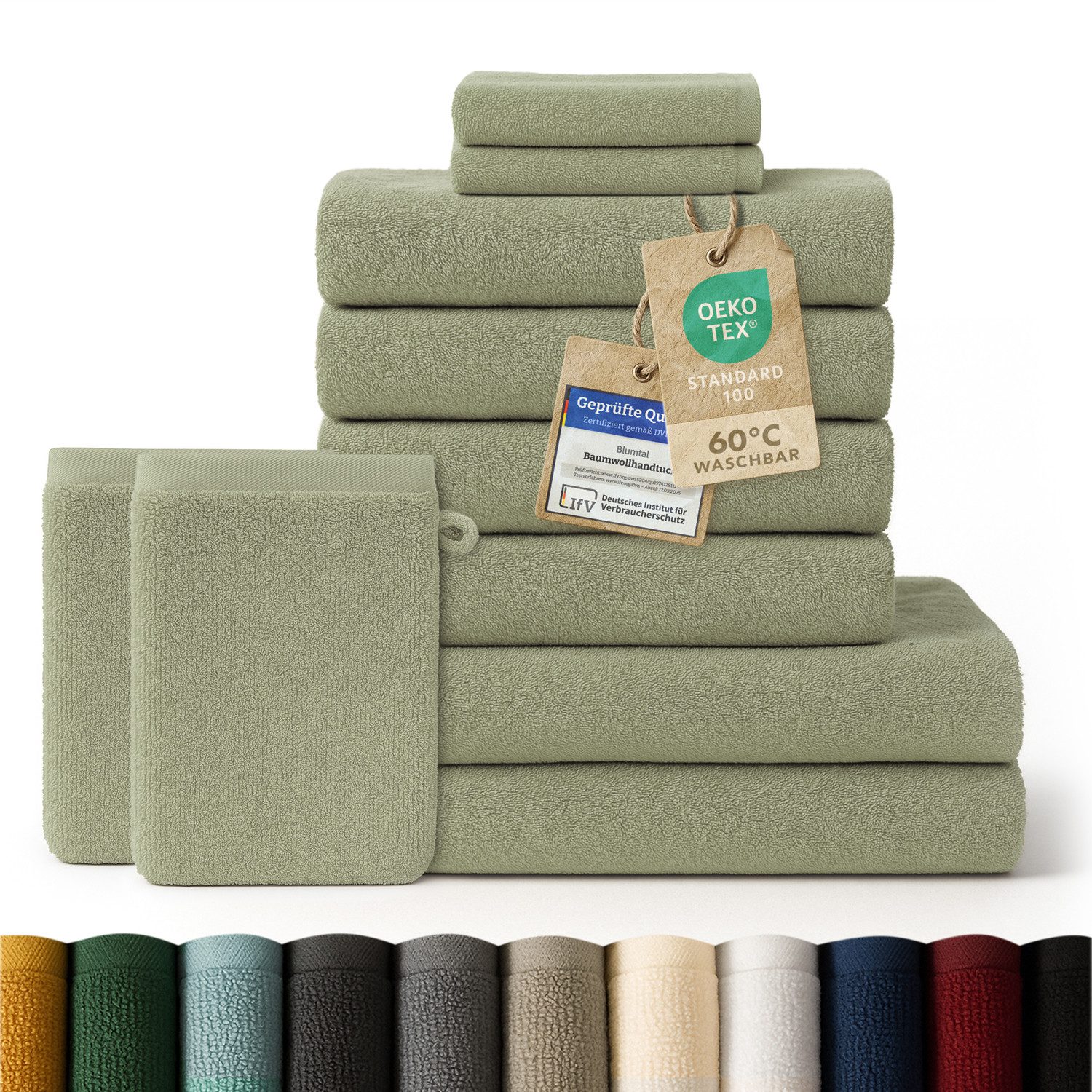 Blumtal Handtuch Set Blumtal 10 Teilig - Handtücher Set 100% Baumwolle, weich und saugstark, Frottee (10er Set, 10-St), 2 Bad 70x140, 4 Hand 50x100, 2 Gäste 30x50, 2 Waschlappen 15x21cm. Reduzierter Preis € 34,99. Unverbindliche Preisempfehlung € 54,99