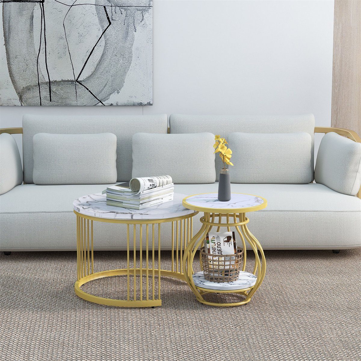 XDeer Couchtisch Couchtisch 2er Set,robustes Sofatisch Wohnzimmertisch Rund, Beistelltisch mit golden Eisengestell(70*70*45.5/45*45*53.5cm)