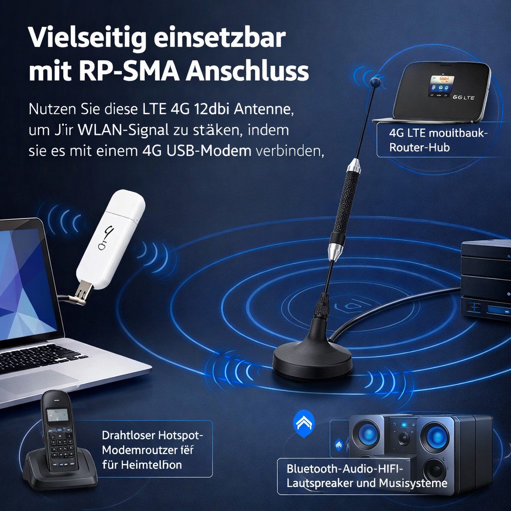 Bolwins H39 WLAN Antenne 4G LTE RP-SMA WiFi Antenne Funkantenne Magnetfuß 12db Computer-Kabel, RP-SMA Stecker, RP-SMA Buchse (300 cm), 12 dBi Hochleistungsantenne, Magnetfuß, stabiles LTE/WLAN-Signal