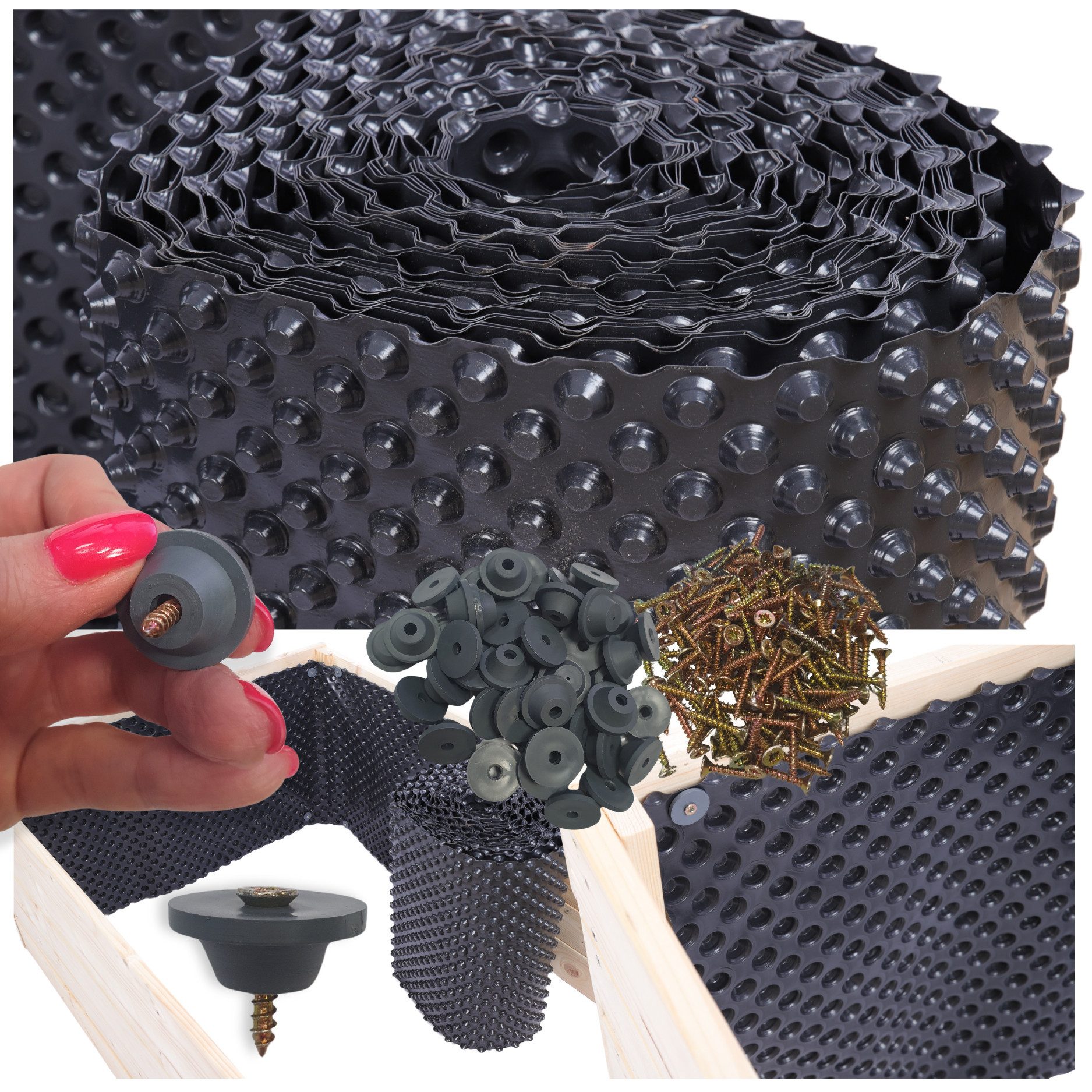 Modo24 Abdeckfolie Noppenfolie für Hochbeete, Noppenbahn mit Montageset, Hochbeetfolie, für Holzkonstruktionen, Schutzfolie, Drainagefolie, Noppenmembran, Dichtungsbahn, Isolierfolie, Abdichtung